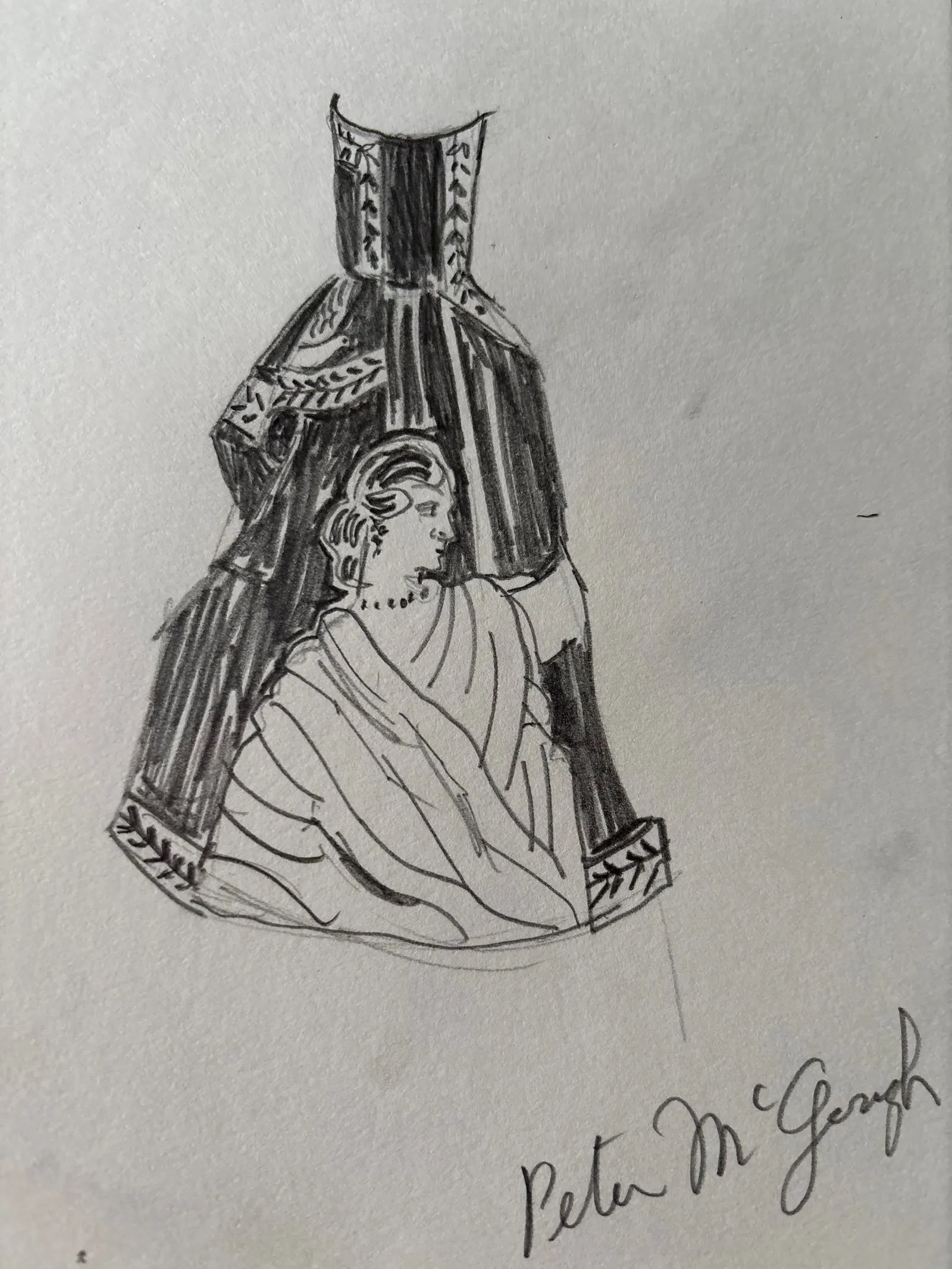 Black-and-white sketch of a woman in a long dress with a tall, decorative bonnet extending upward to the left side of the image.