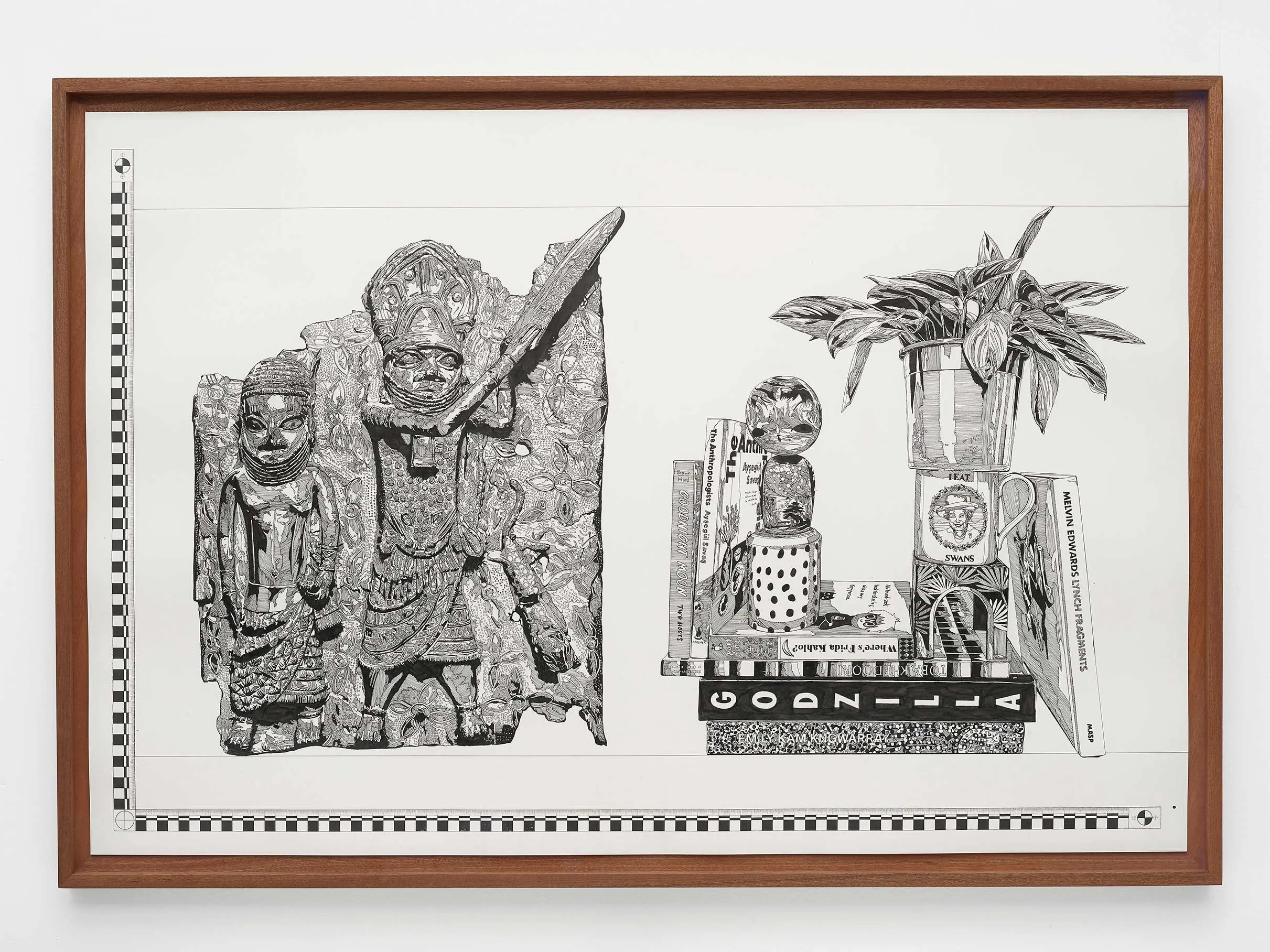 Framed black‑and‑white collage of African figures beside a plant and stacked books on a shelf, with measurement scales along the edges.