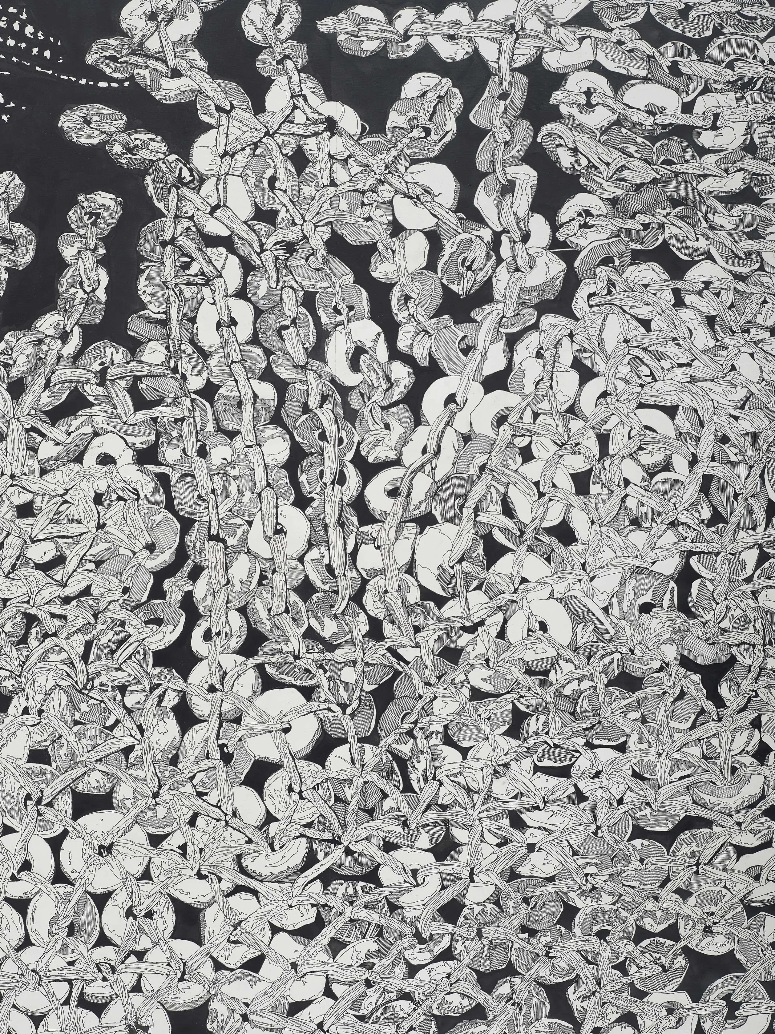 Monochrome abstract illustration of tangled rope-like chains and circular links against a dark background.