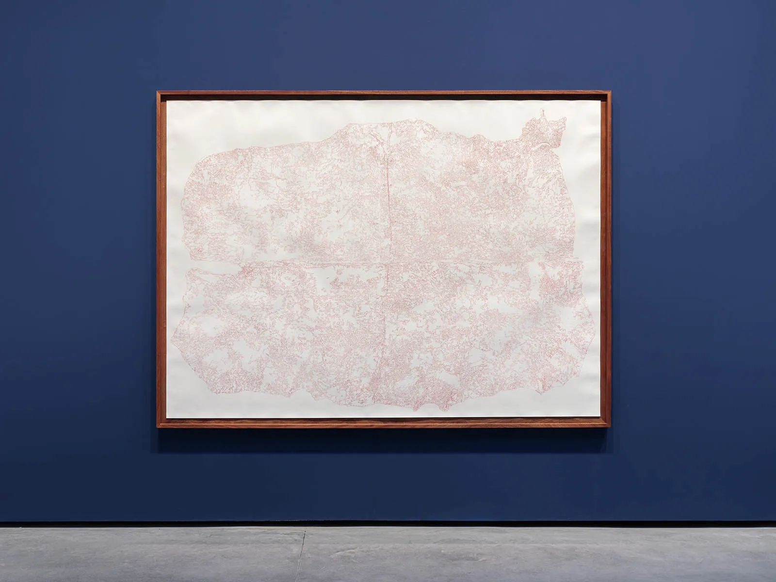 Framed pale pink abstract print with intricate textures on white, hung on a dark blue gallery wall.