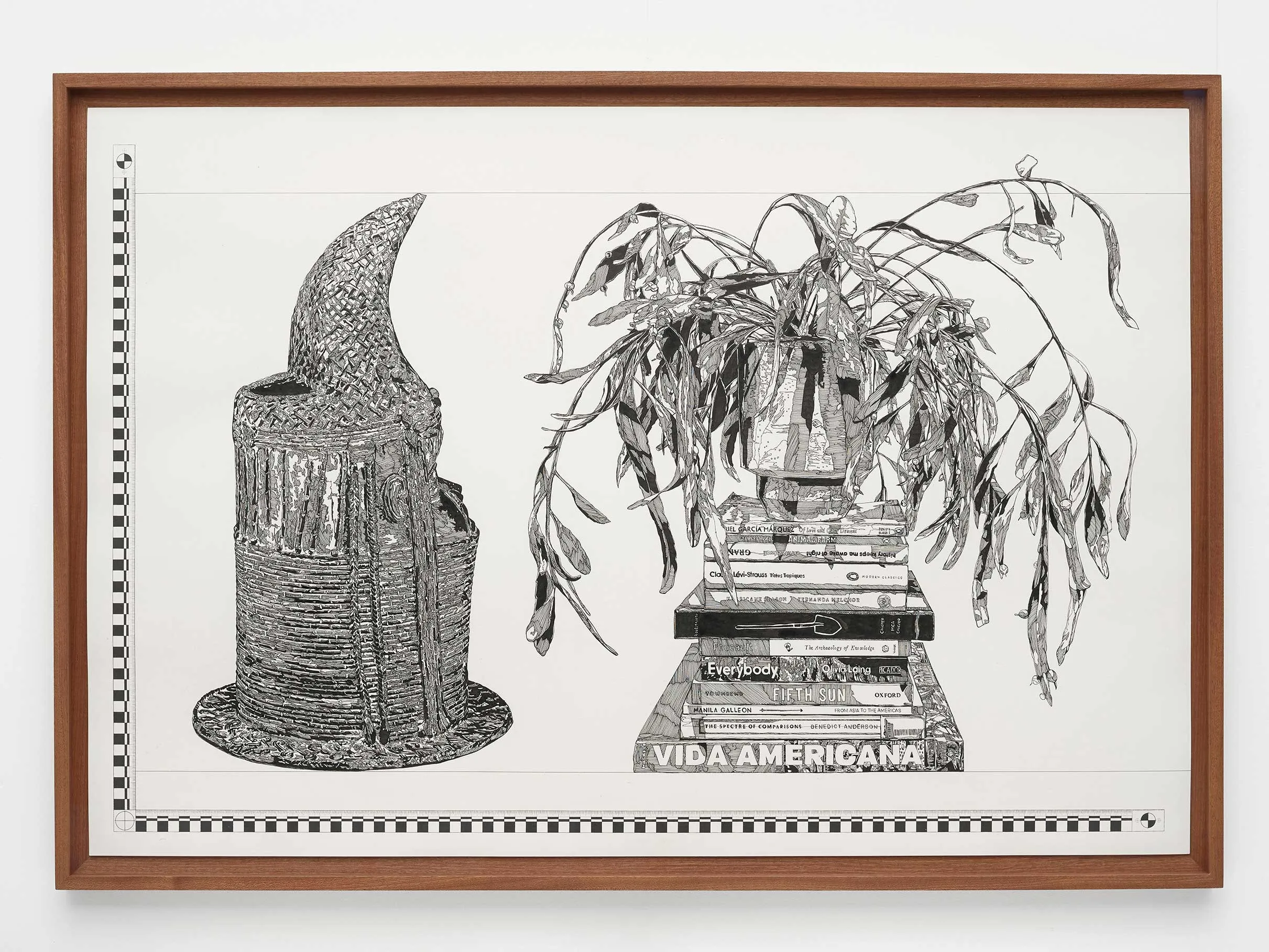 Framed black-and-white line drawing of a woven bottle next to a drooping potted plant on a stack of books, with measurement scales along the edges.