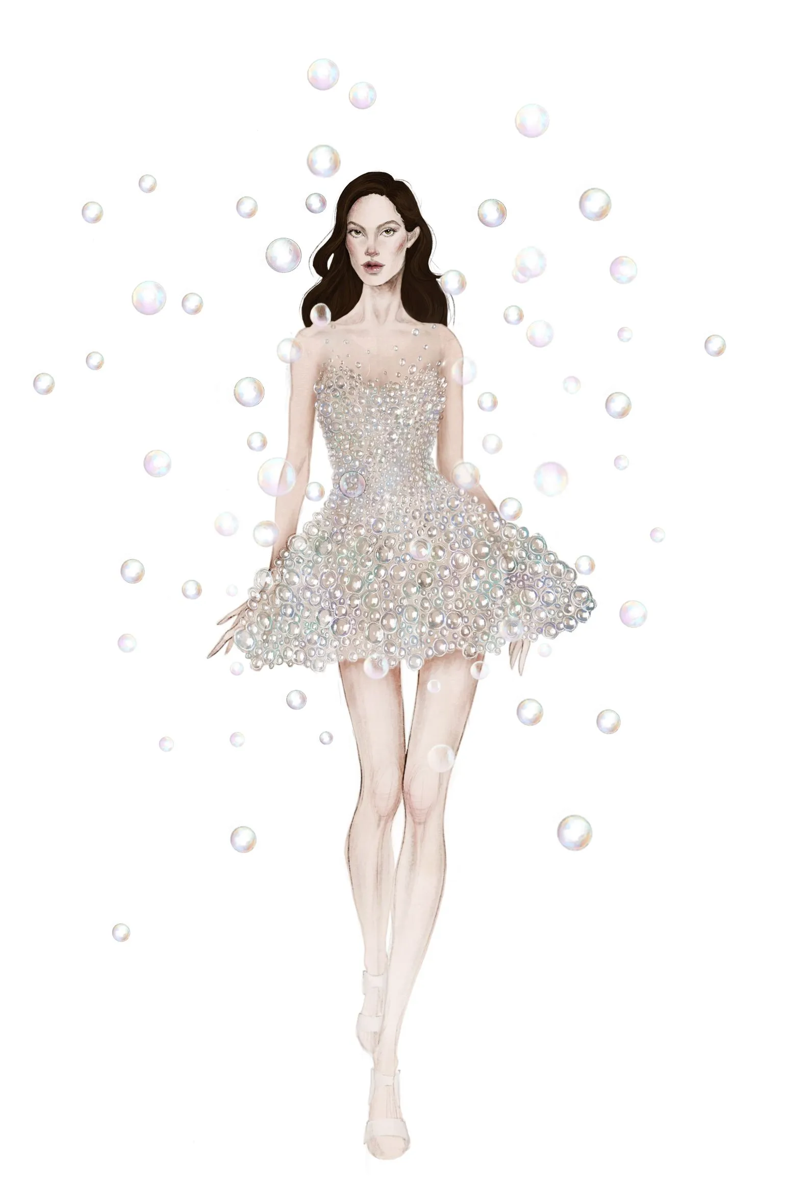 Fashion illustration of a woman in a beaded, pearl-like dress with bubbles floating around her.