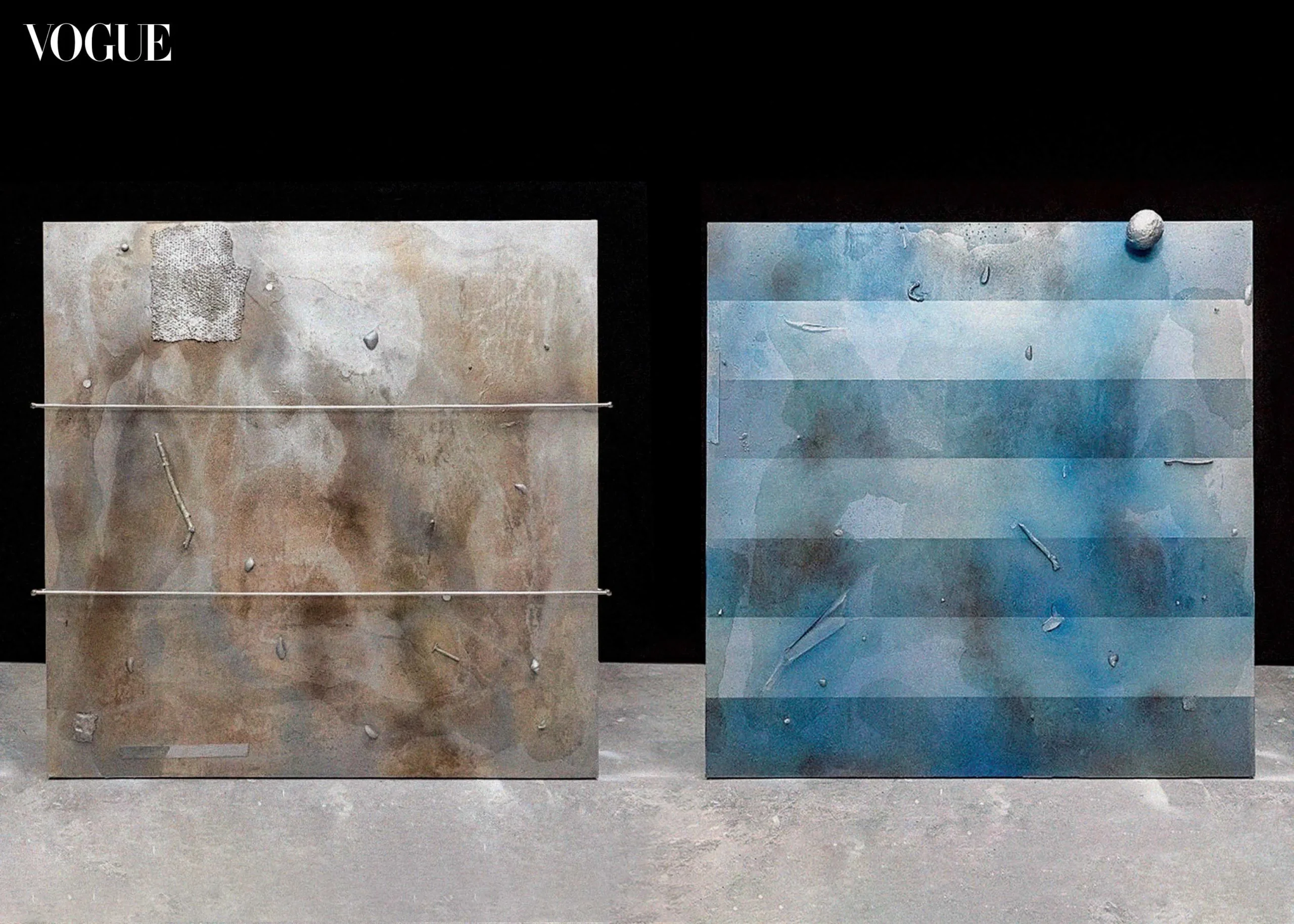 Two large art panels on a black background: left panel rusty brown with a metal strip and textured patch; right panel blue-striped with metal elements. Vogue logo in the top-left corner.