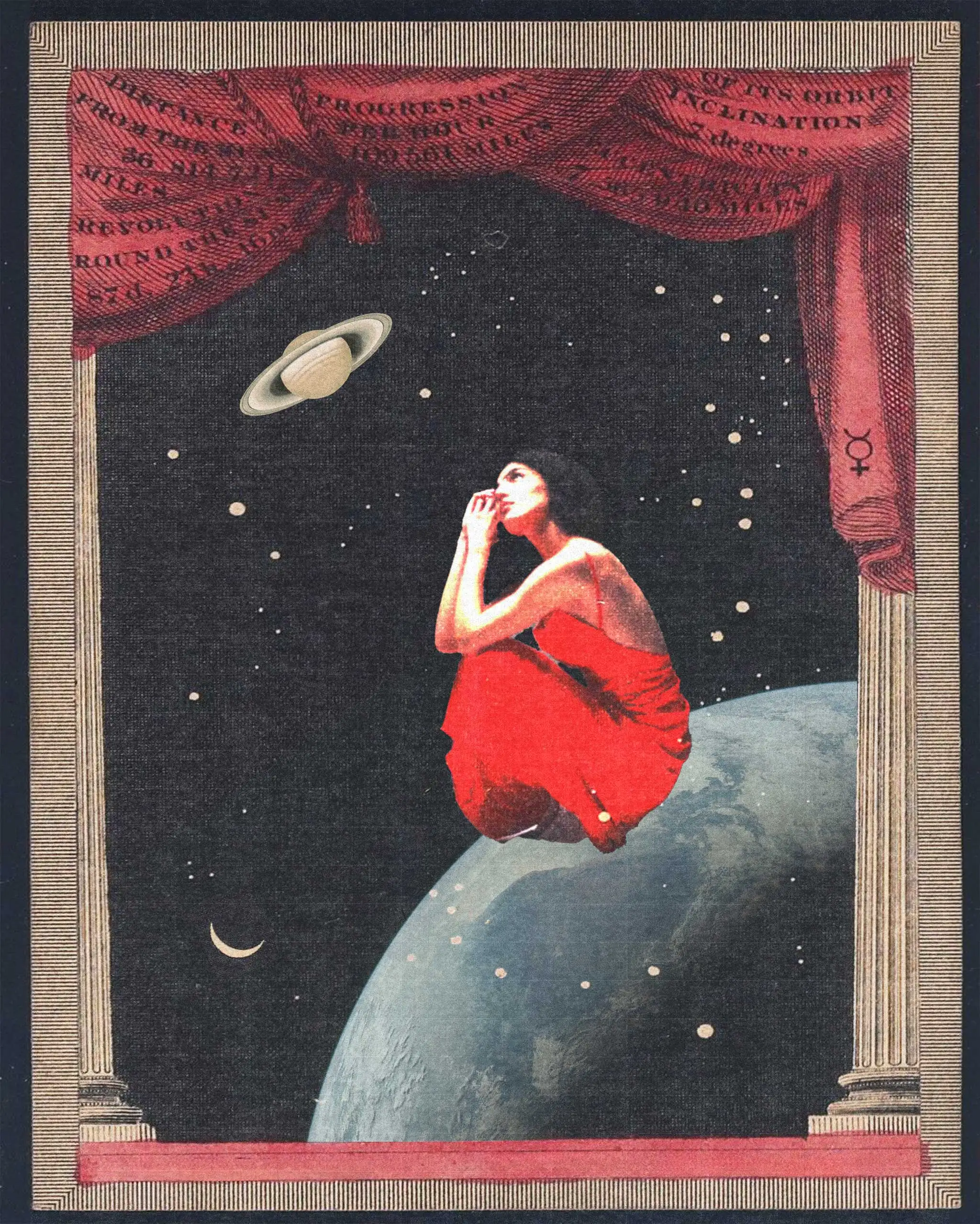 A woman in a red dress crouches on the curved edge of a blue planet in space, surrounded by stars, with a Saturn‑like planet nearby and a red curtain framed by a striped border above.