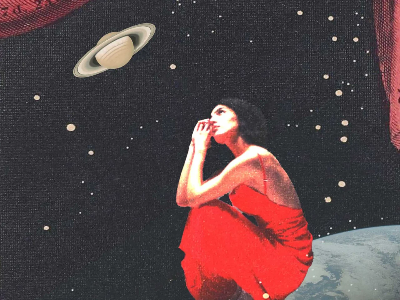 A person in a red dress kneels and prays in a starry sky with a Saturn-like planet in the upper left corner.
