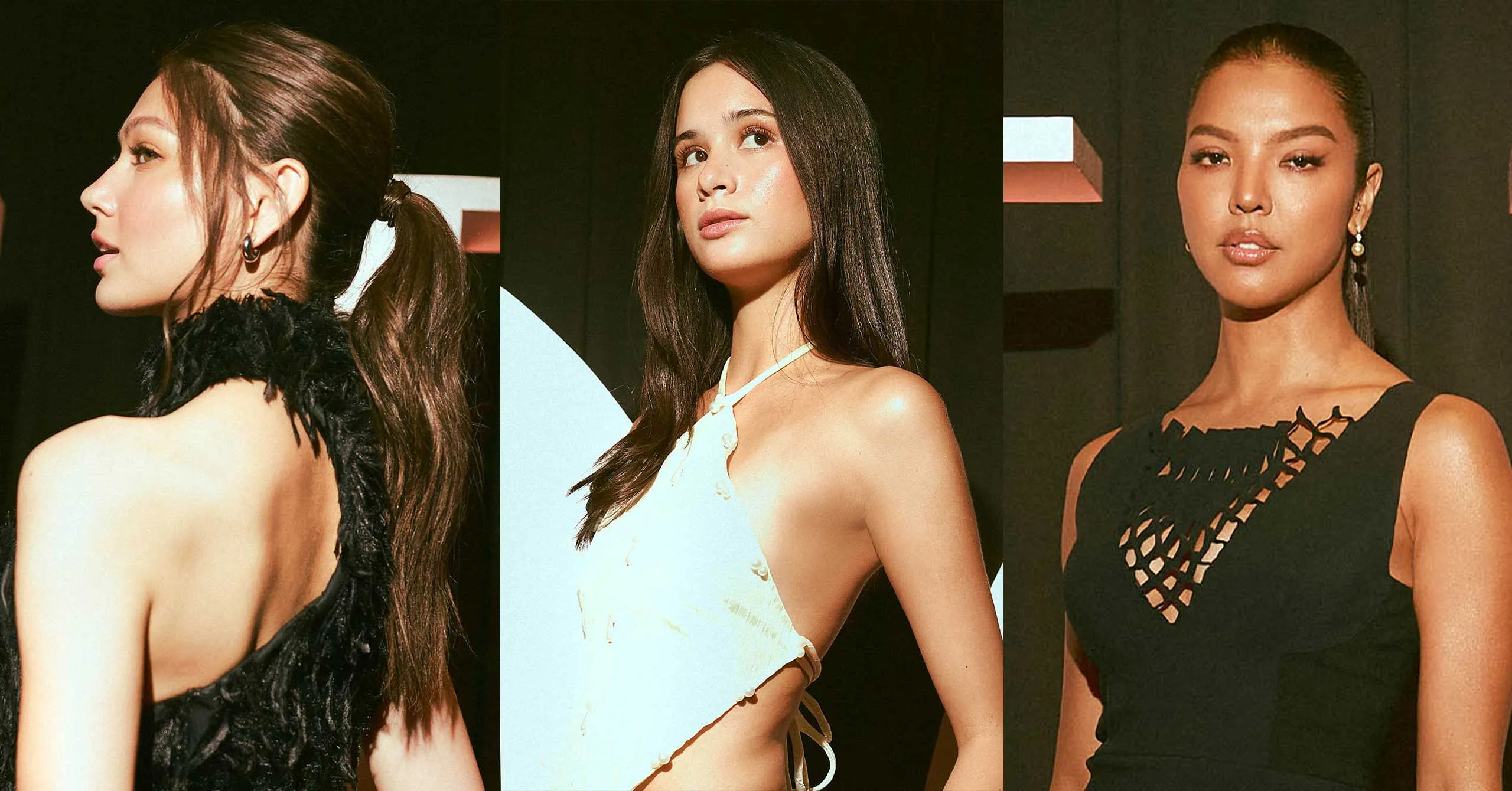 Three models posing side-by-side on a dark backdrop: left in a black feathered dress, center in a pale blue halter top, and right in a black lattice-cut dress with earrings.