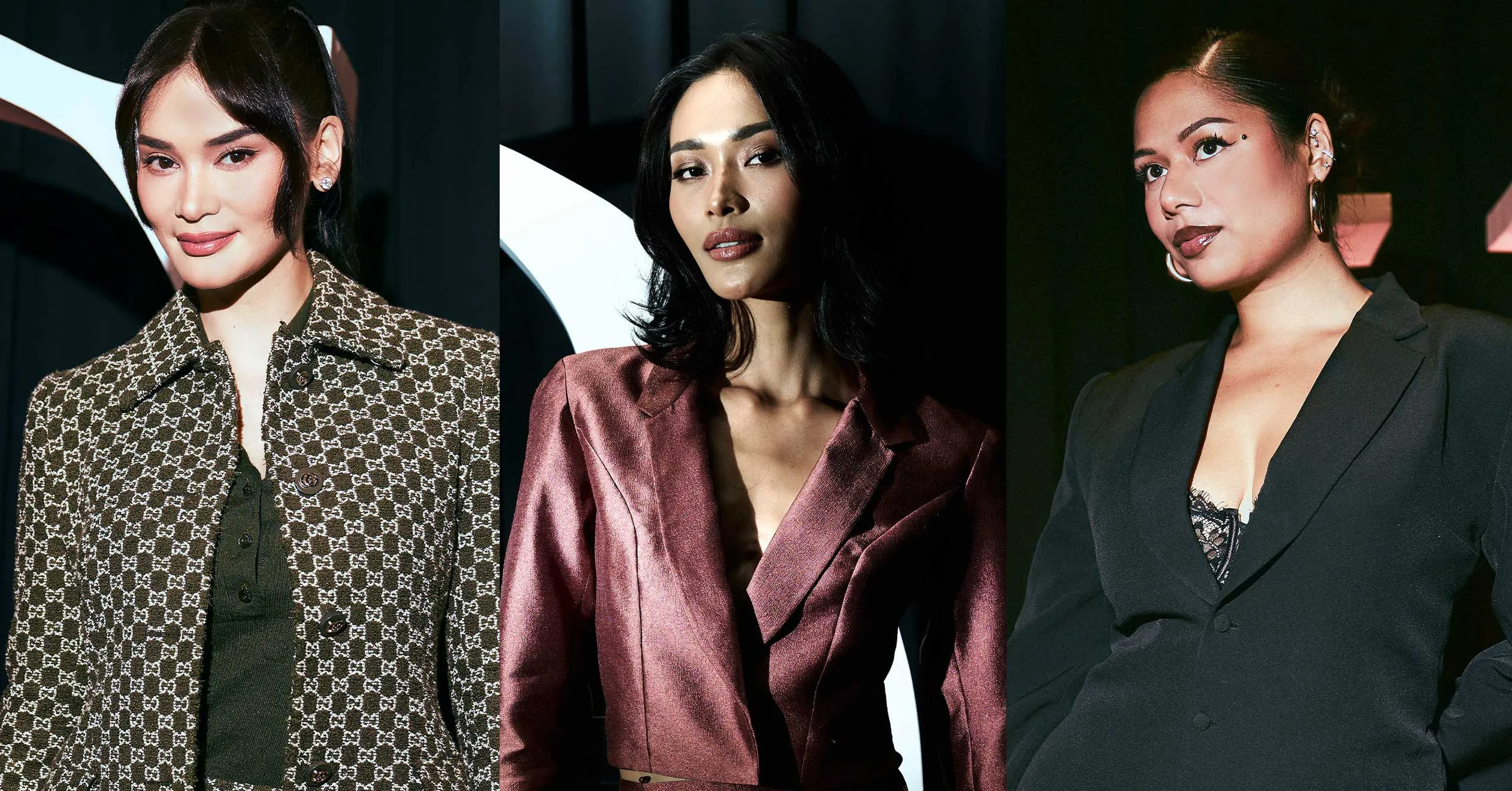 Three models pose in a fashion shoot: left in a brown patterned blazer, center in a burgundy satin suit, right in a black blazer.
