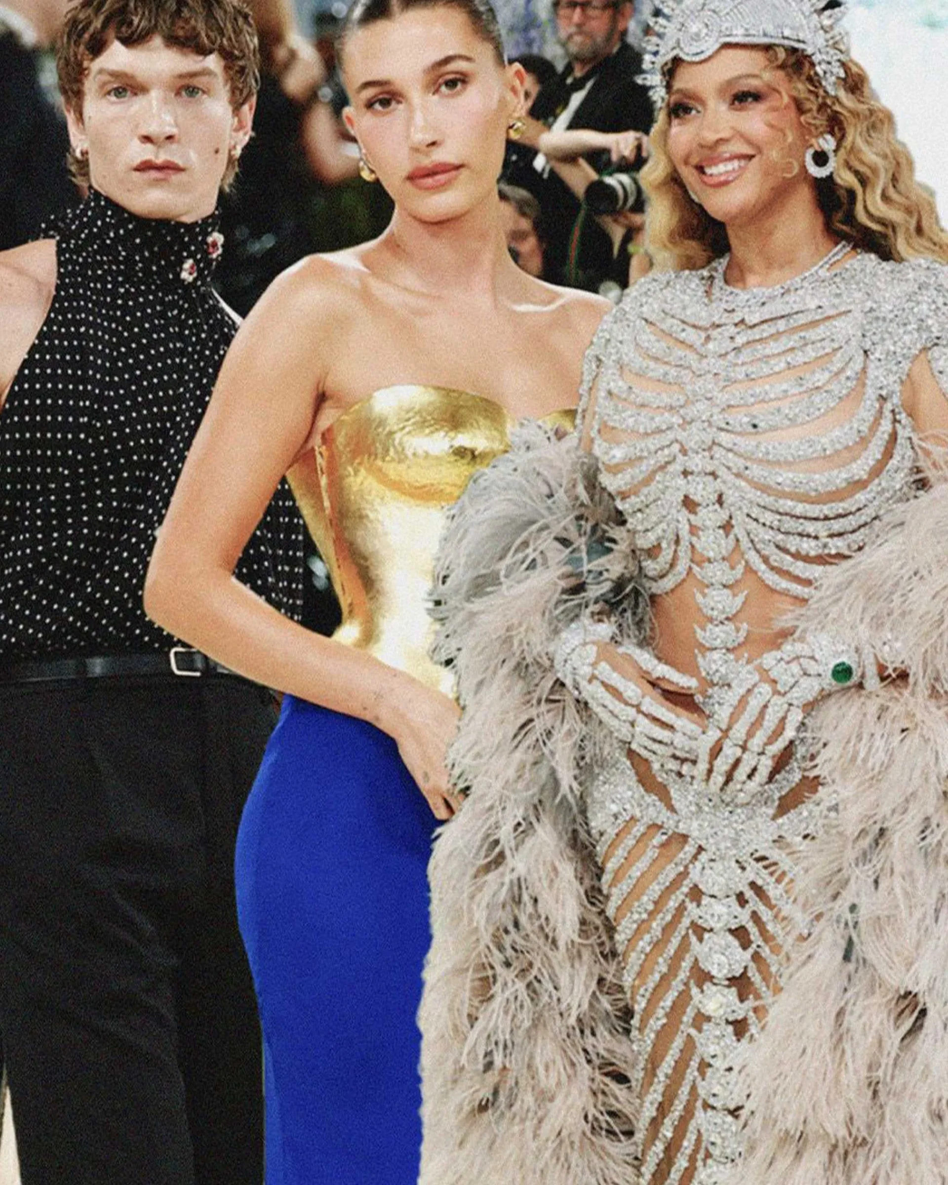 Group of celebrities posing together on a red carpet in glamorous, ornate outfits.
