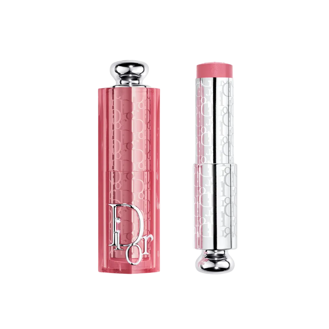 Two Dior lipsticks in pink and silver packaging, standing on a black background (left: closed pink tube with silver cap, right: open with pink lipstick)