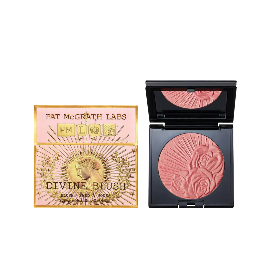 Pat McGrath Labs Divine Blush boxed compact with pink and gold design beside a round pink rose-embossed blush in a black case on the right.