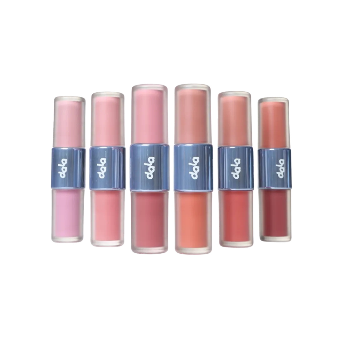 Row of lipstick tubes in varying pink-nude shades with blue labels, arranged in a neat line on a dark/transparent background.