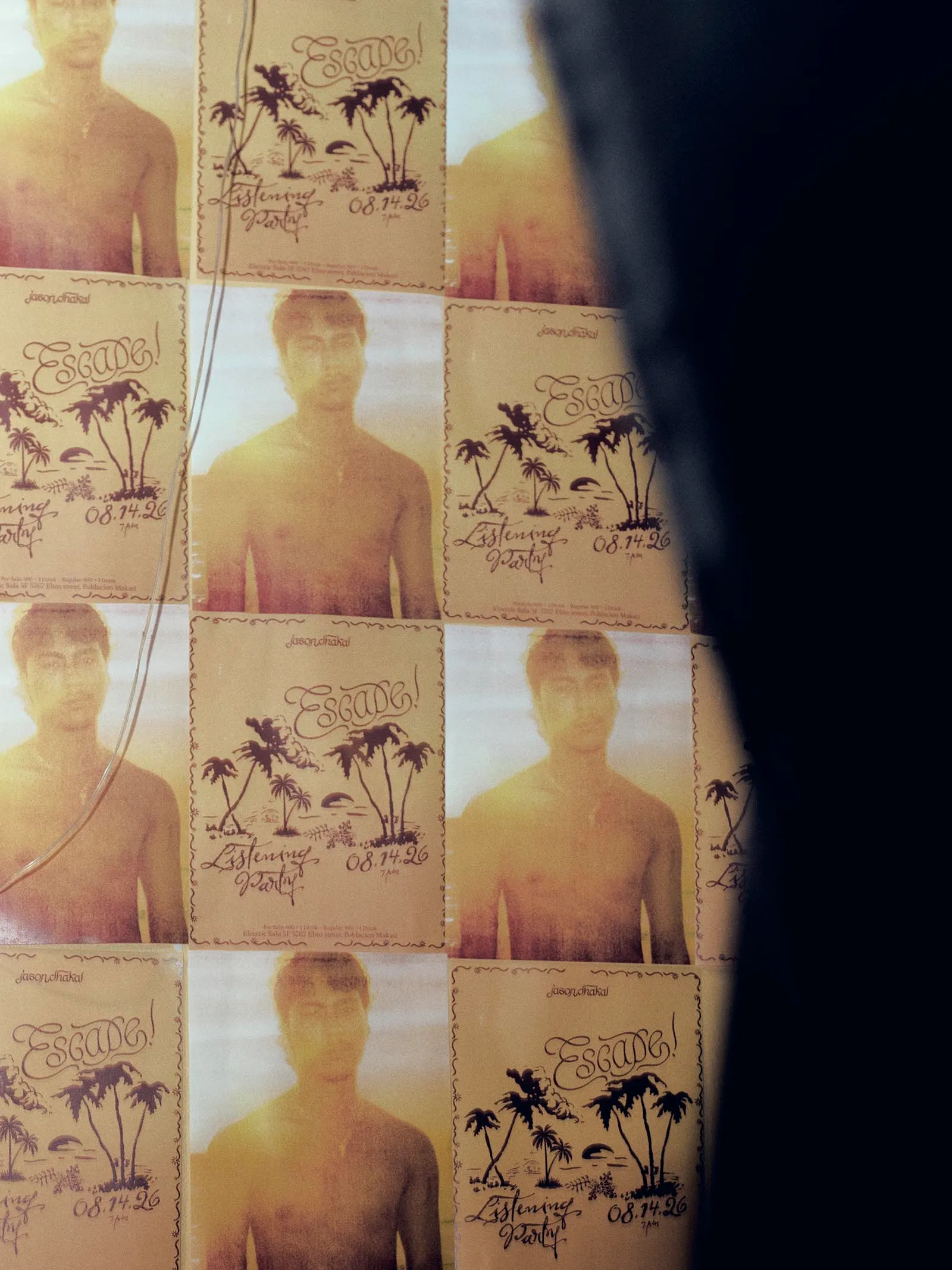 Collage of vintage postcards showing a shirtless man and tropical palm trees with the word 'Escape!' and the date 08.14.26, set in warm tones.