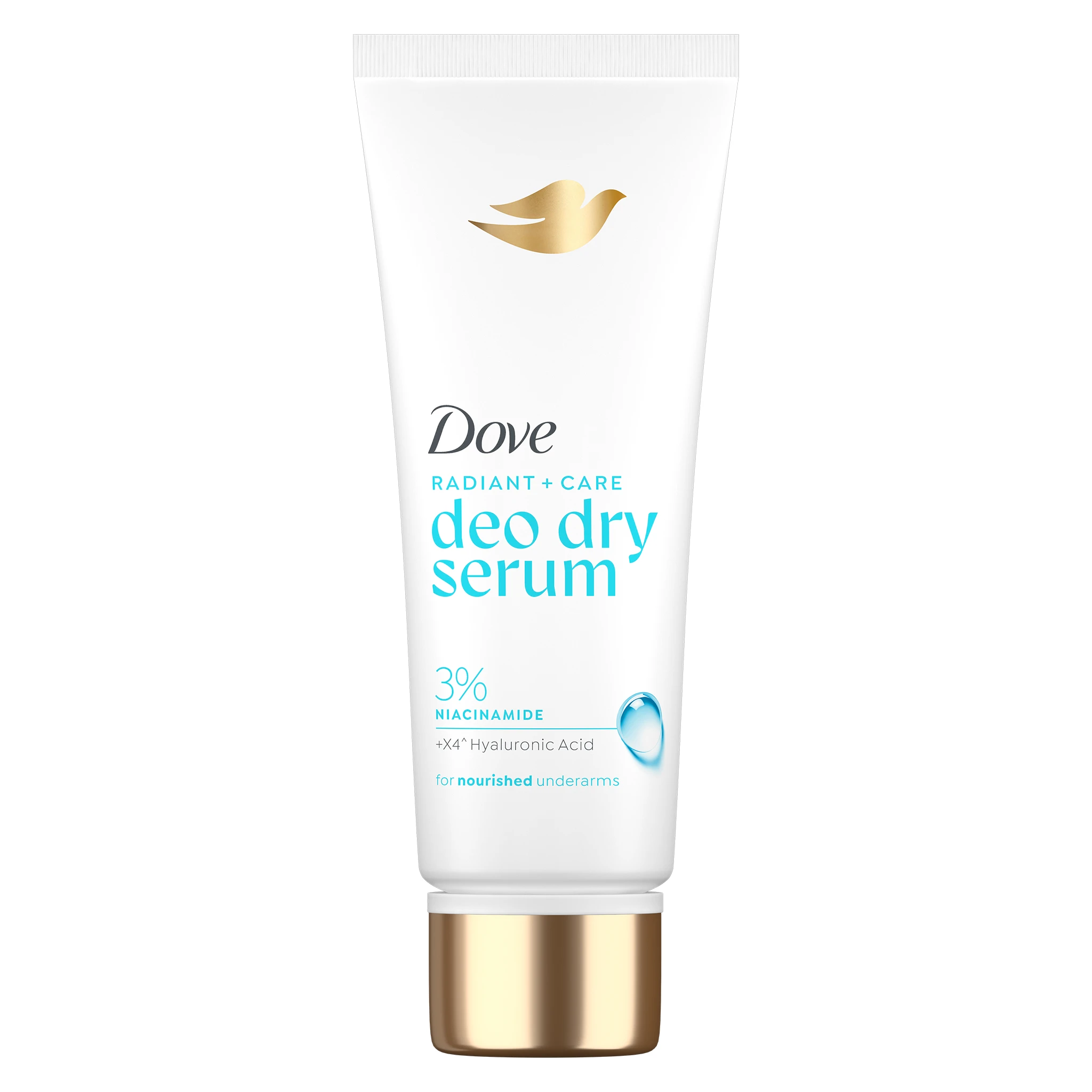White Dove skincare tube featuring a gold dove logo, with turquoise and black text reading 'deo dry serum' and '3% niacinamide' visible on the front.