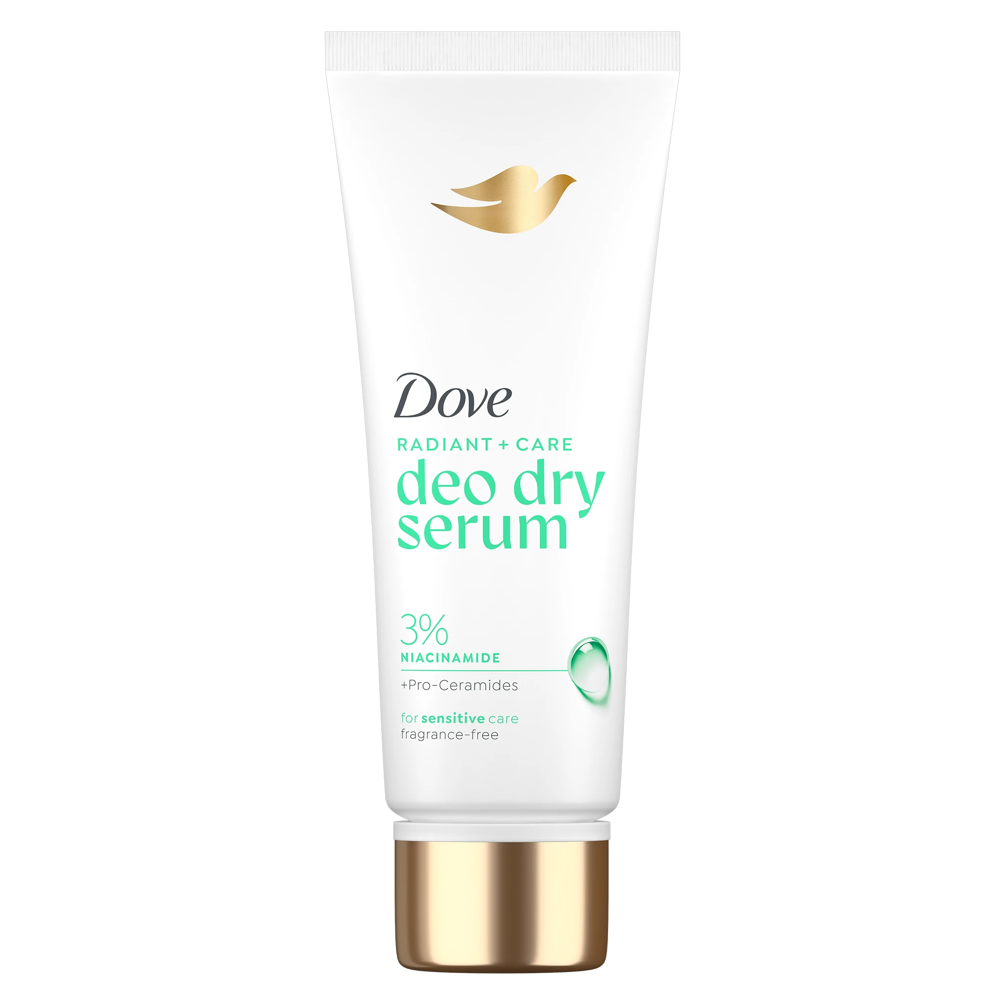 Dove white tube with gold Dove logo and teal text reading 'deo dry serum' and a gold-cap bottle base nearby, showcasing the product.