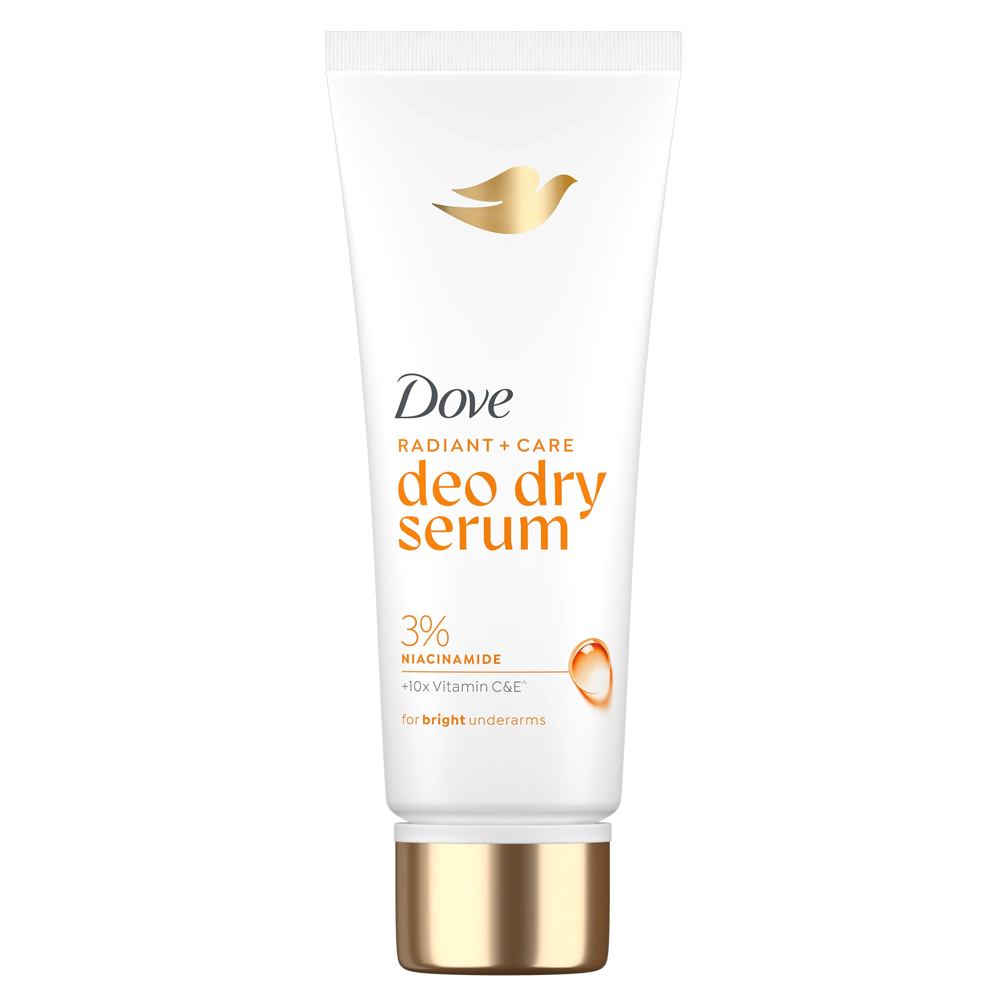 White cosmetic tube featuring a gold Dove dove logo and orange text for a radiant care product, shown upright against a white background.