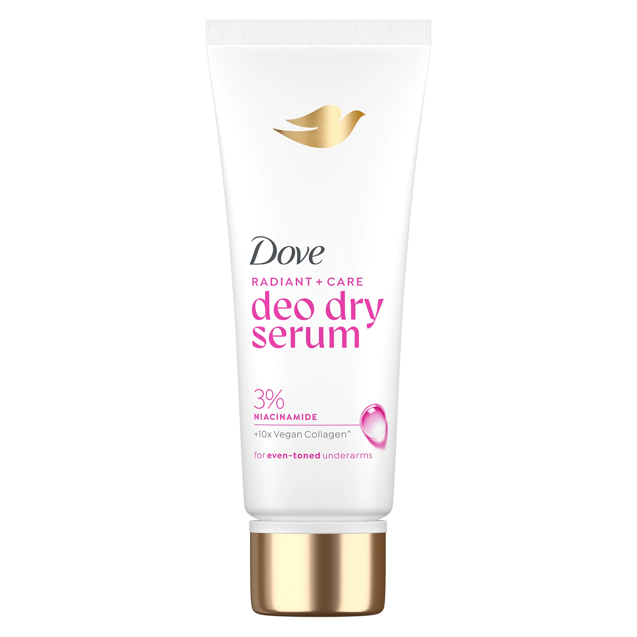 Dove white cosmetic tube with gold dove logo and pink text announcing a radiant care product for even-toned underarms, Niacinamide included.