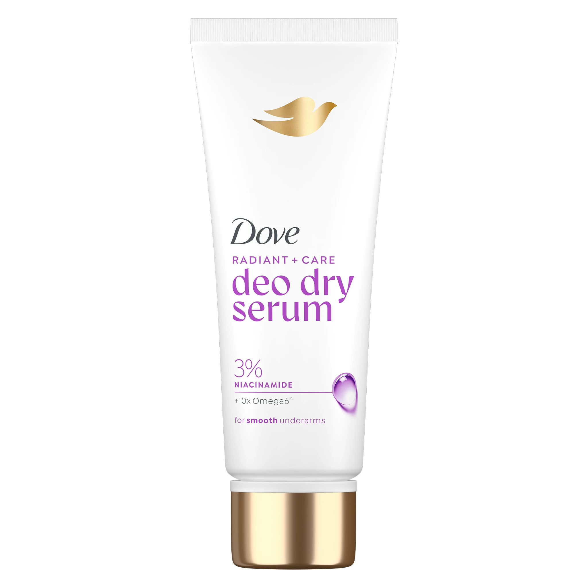 White Dove deodorant serum tube with gold Dove logo and purple 'deo dry serum' text visible on the front.