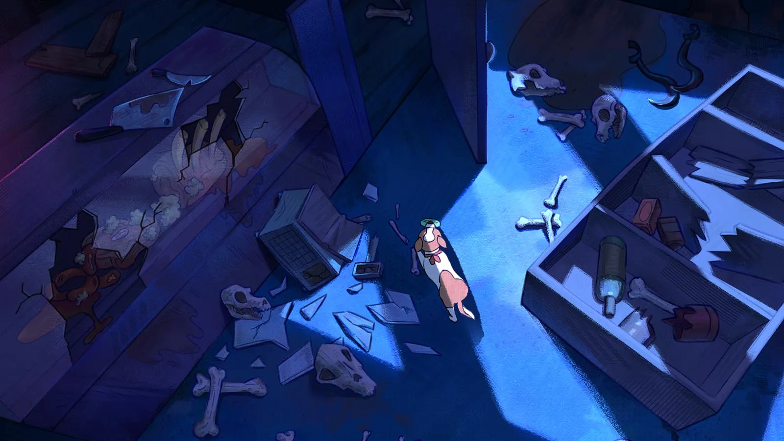 Cartoon corgi explores a chaotic room with bones, papers, and broken furniture, bathed in blue light.