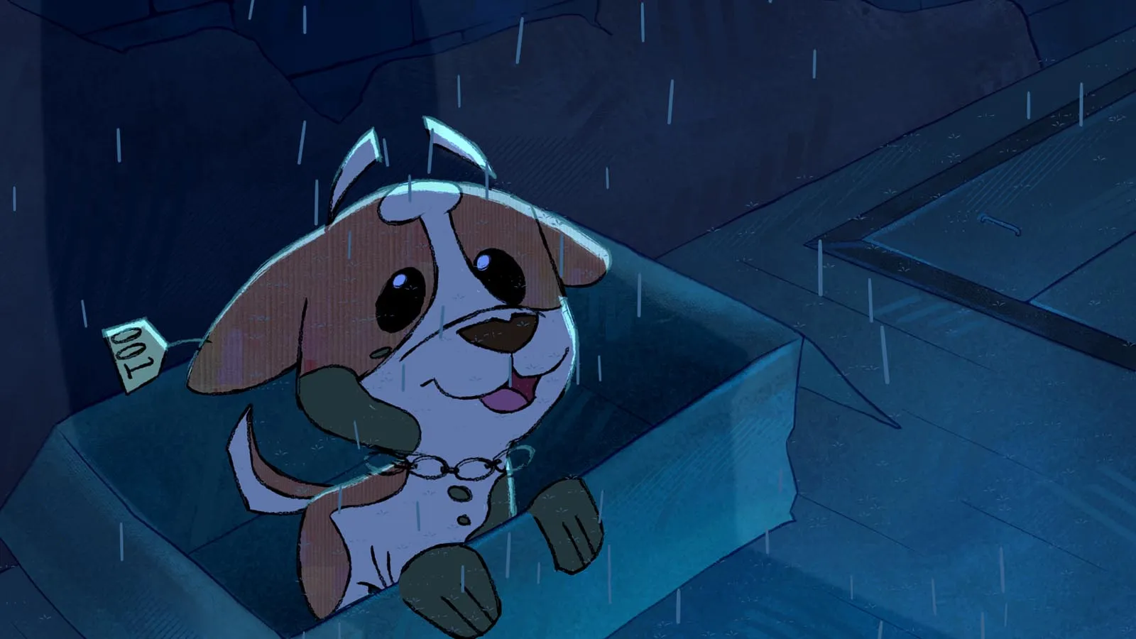 Smiling puppy in a rain-soaked sewer grate, looking up with a happy expression as raindrops fall around it.