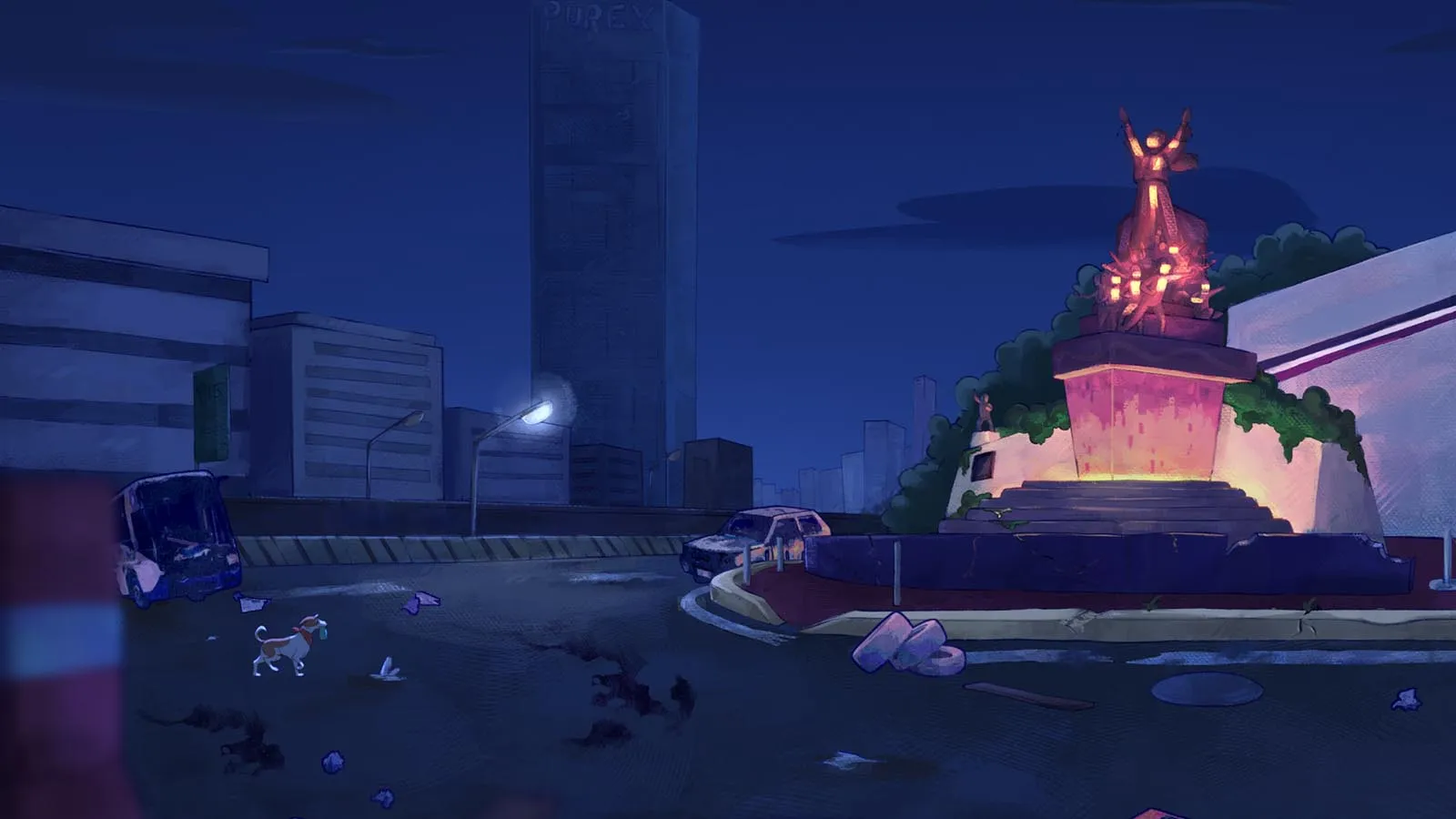 Night scene of a city street at night with a lit monument on a pedestal to the right and a dog walking among scattered debris near a curved road and a damaged van.