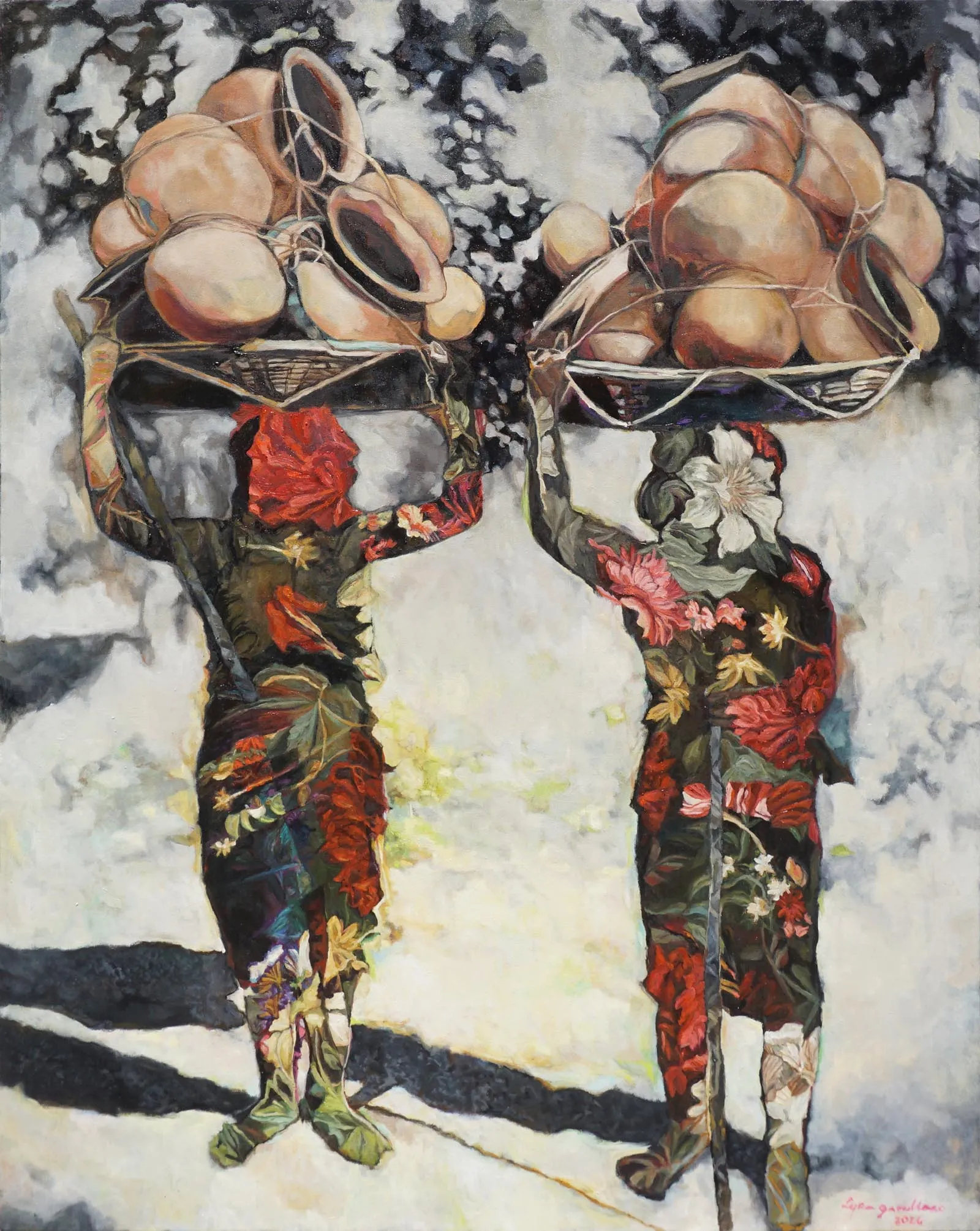 Two figures in bright floral-patterned outfits stand in a snowy landscape, each holding a wire basket piled with large round melons or pumpkins as if in a winter market scene.