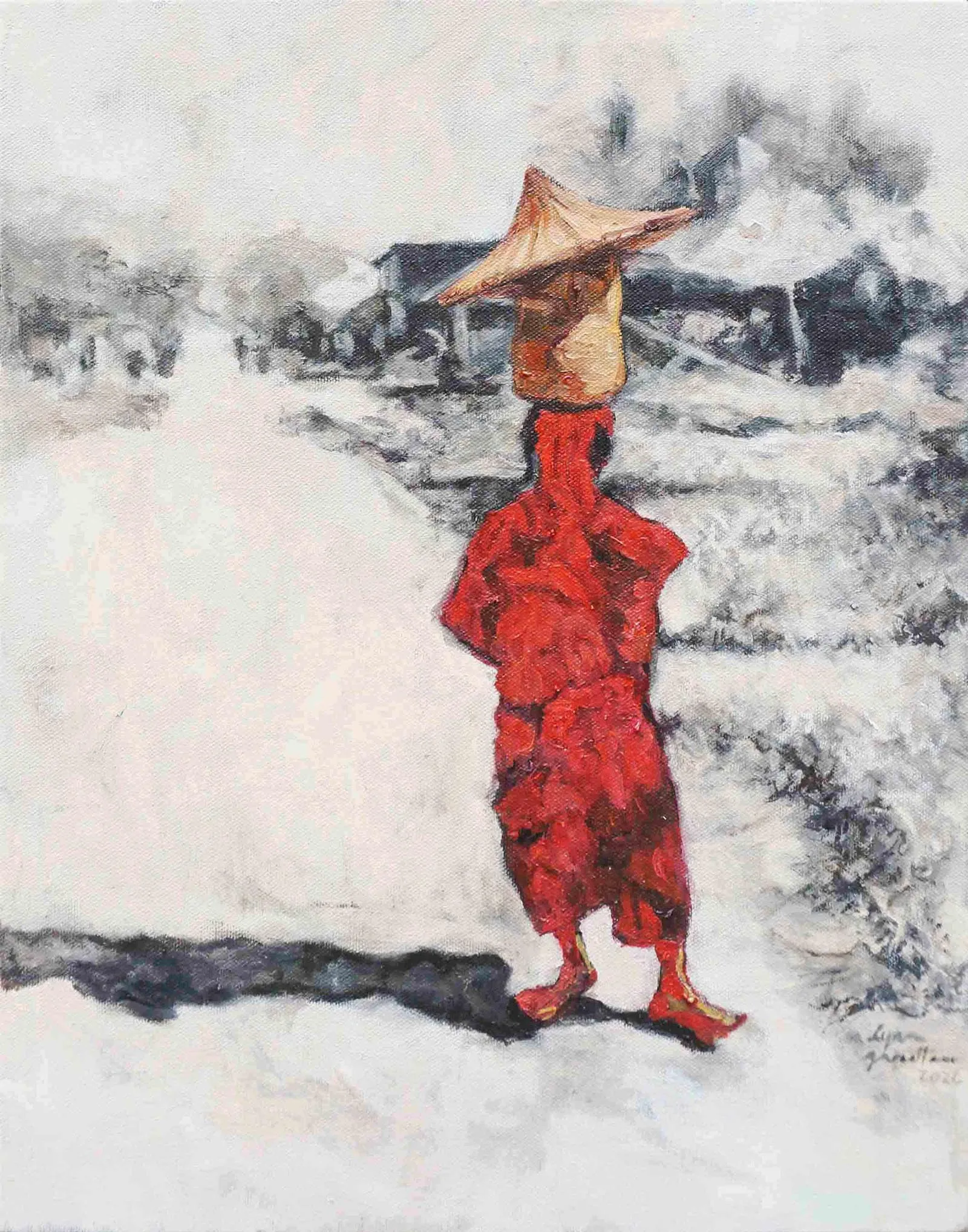 Woman in a red dress walks through a snowy village, shielding her head with a tan shawl/hooded scarf.