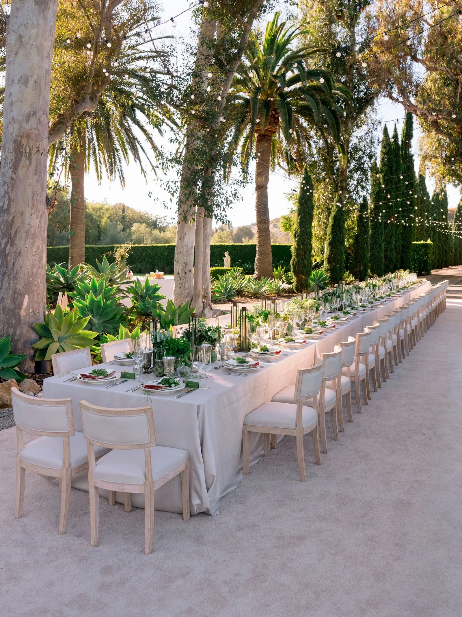 Long outdoor wedding reception table set under string lights among palm trees with white chairs and greenery.