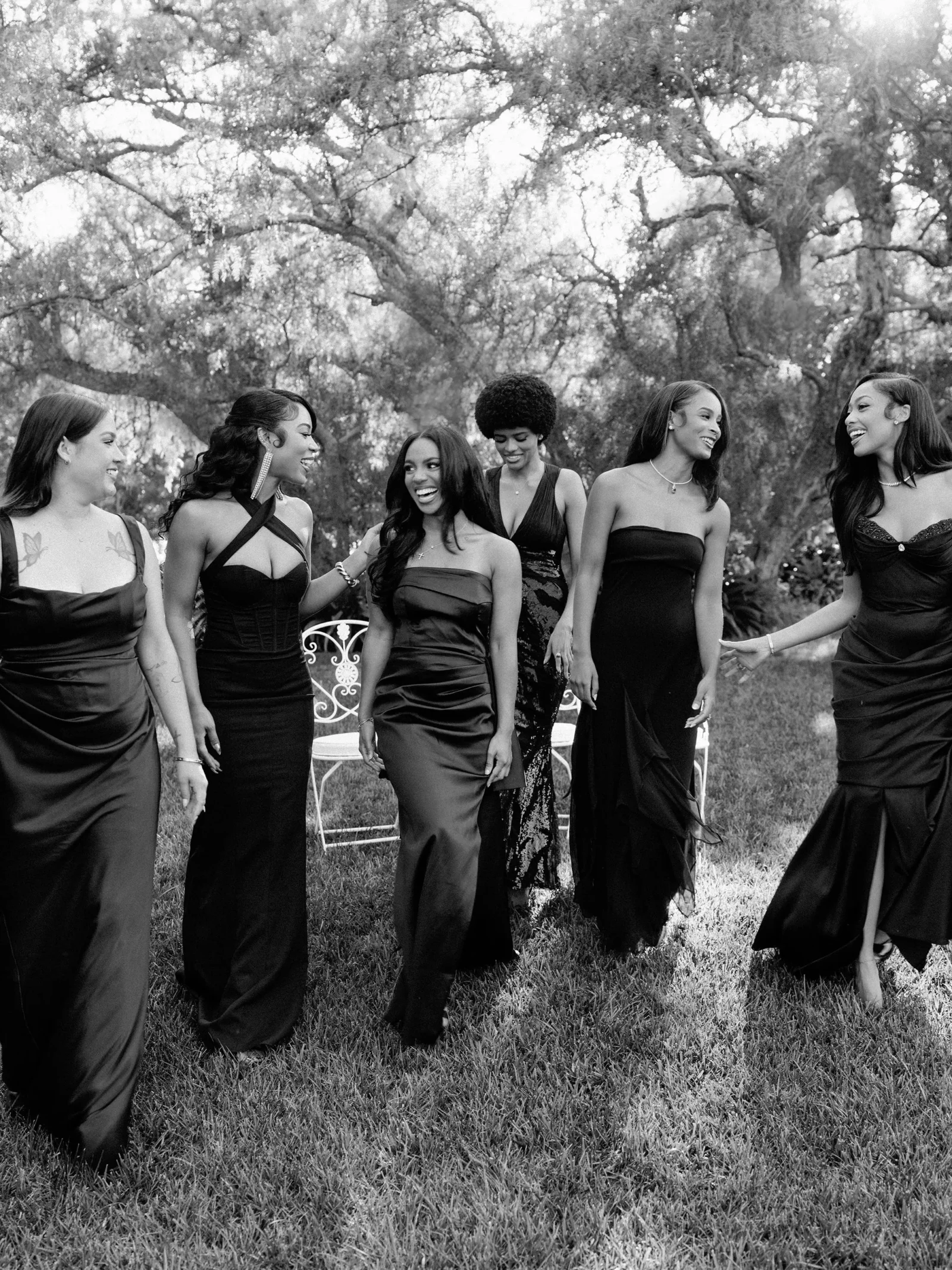 Six women in elegant black dresses standing and strolling on a grassy lawn, smiling and talking with trees in the background.