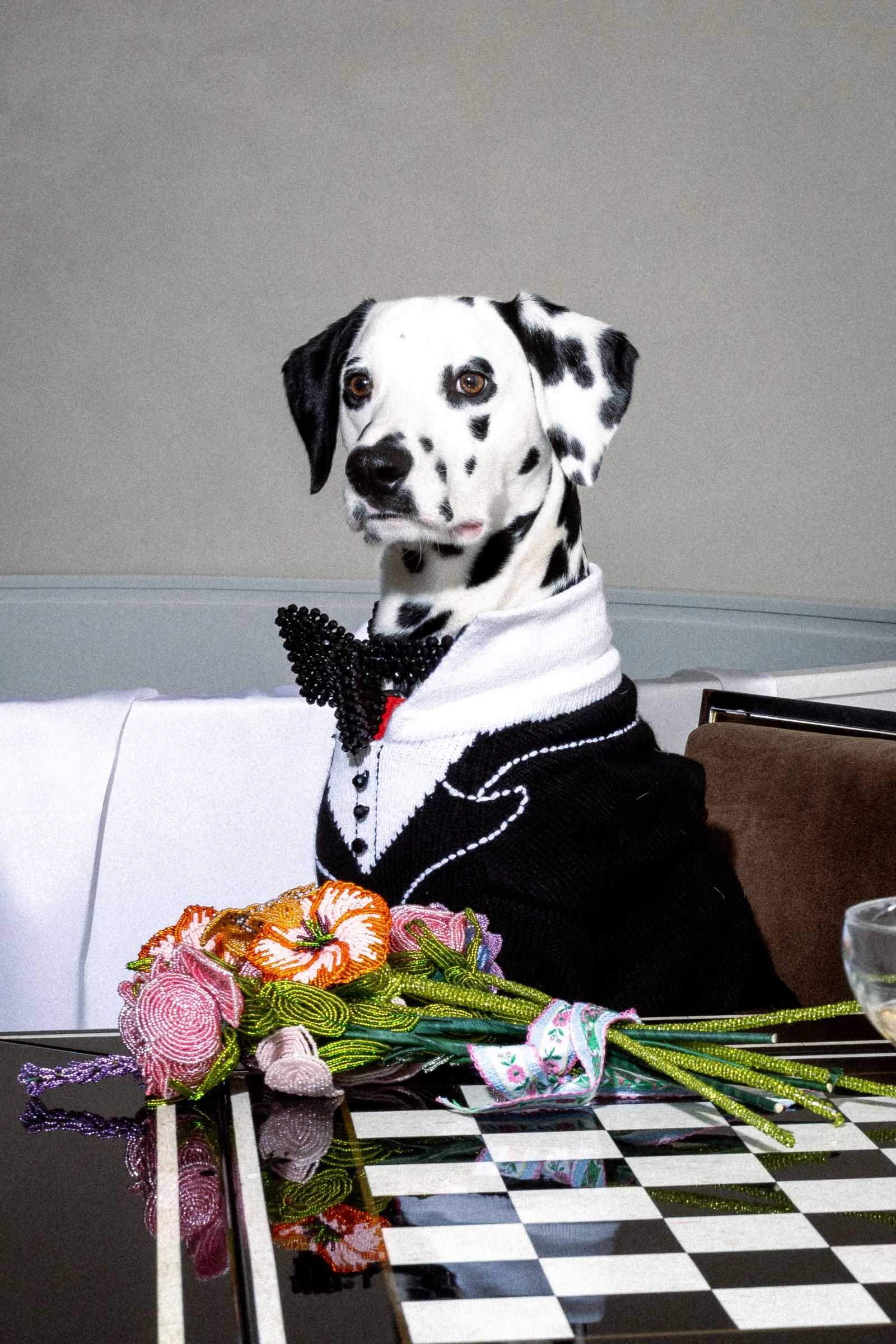 Dalmatian wearing a black-and-white outfit with a black bow tie, seated at a table with colorful leis on a checkered surface in the foreground