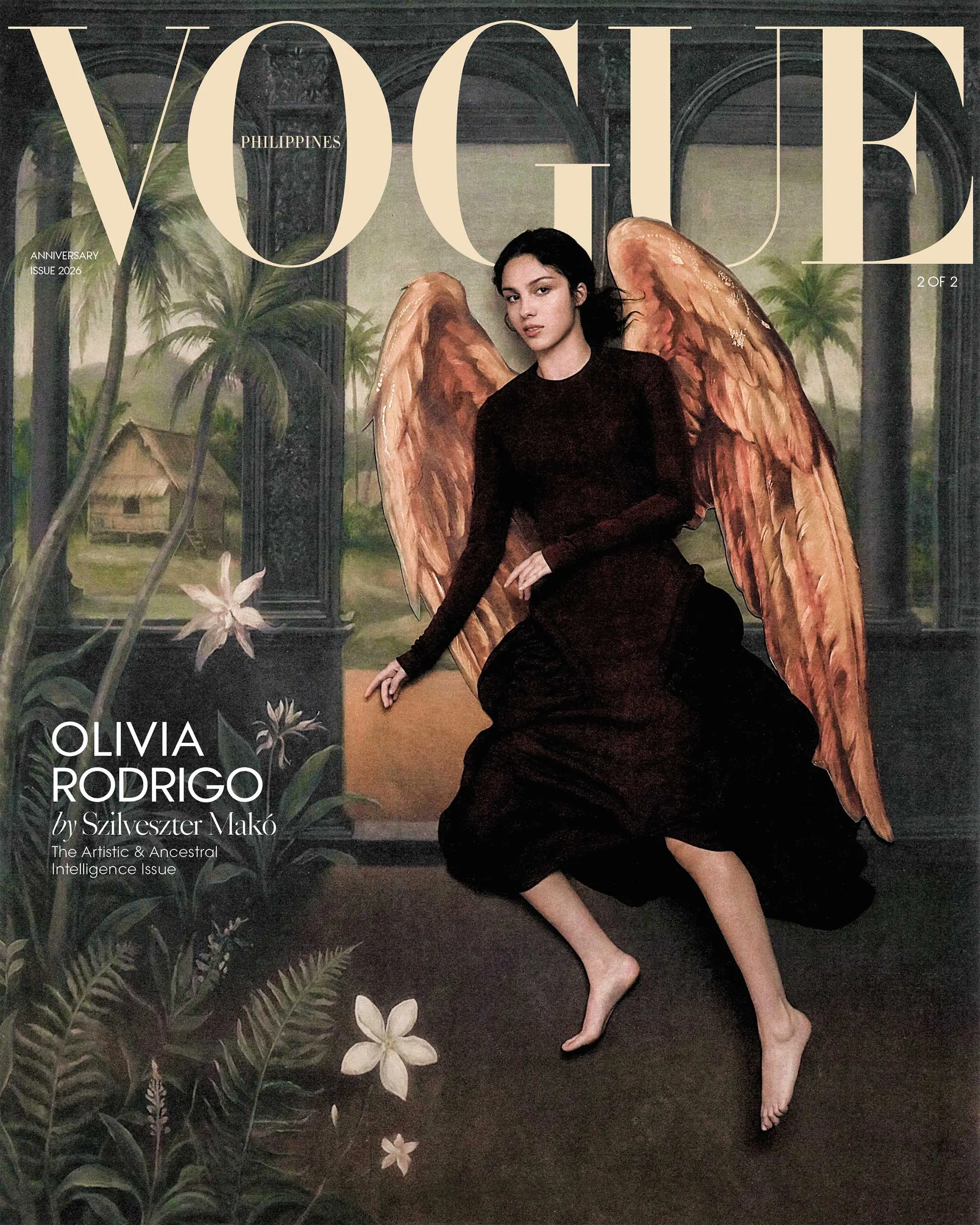 Vogue Philippines anniversary issue 2026 cover featuring Olivia Rodrigo with large pale text and angel wings in a dark garden backdrop.