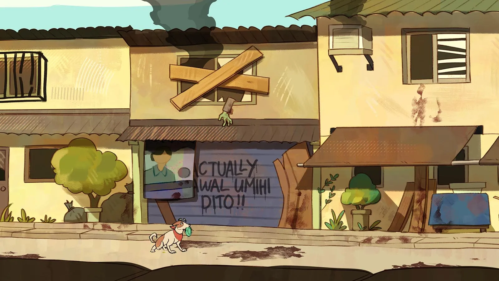 Cartoon street scene of a dilapidated neighborhood: a storefront with plywood over a window, worn walls, and a dog walking on the sidewalk.