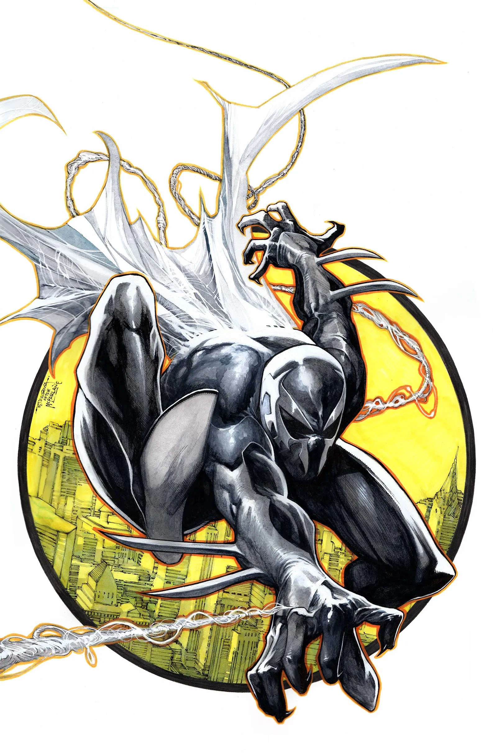 Batman in a black suit leaps forward with cape spread, inside a yellow circular backdrop featuring a city skyline.