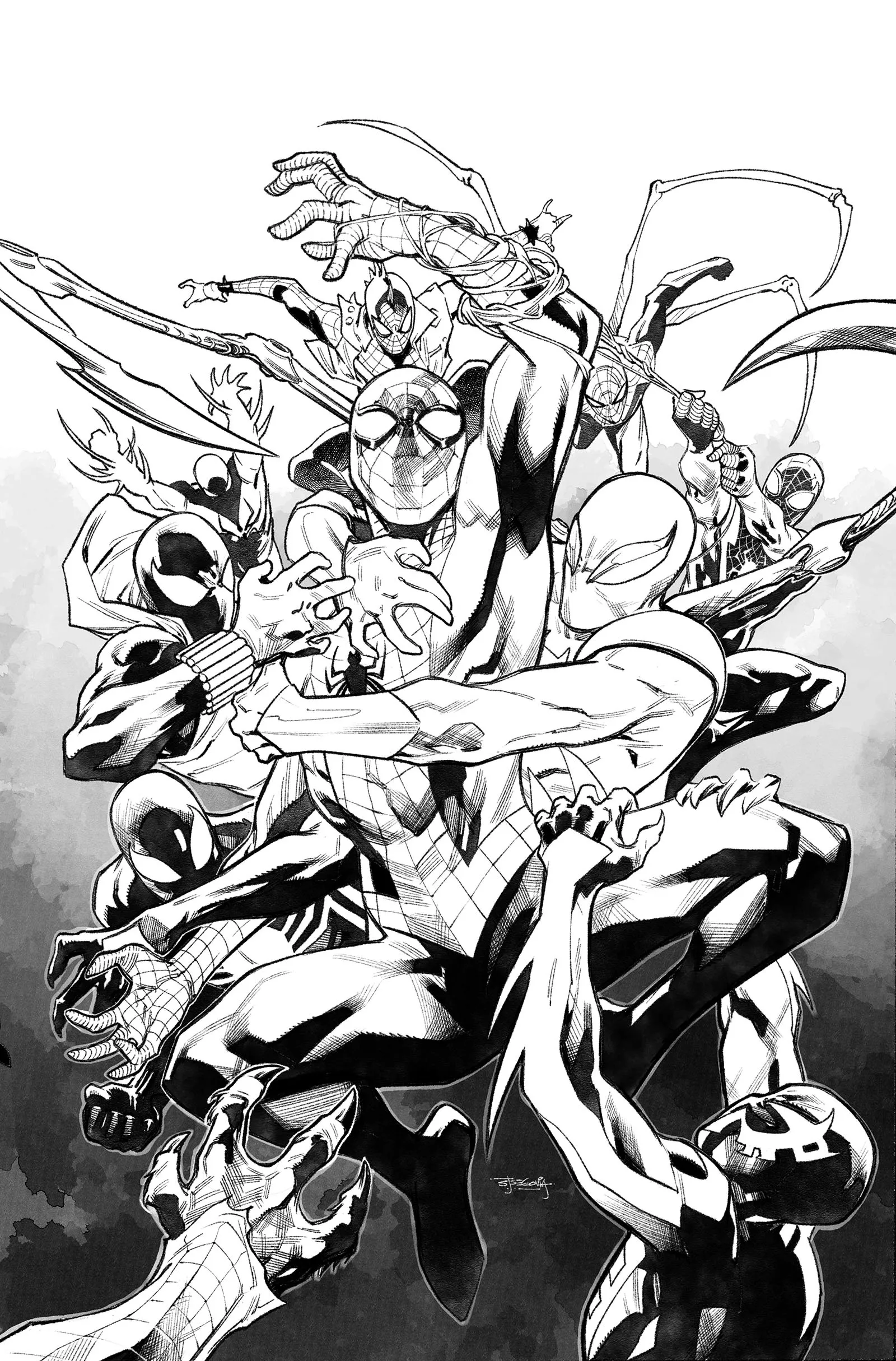 Group of Spider-Man characters collide in an intense, chaotic battle scene with webbing and swooping attacks.