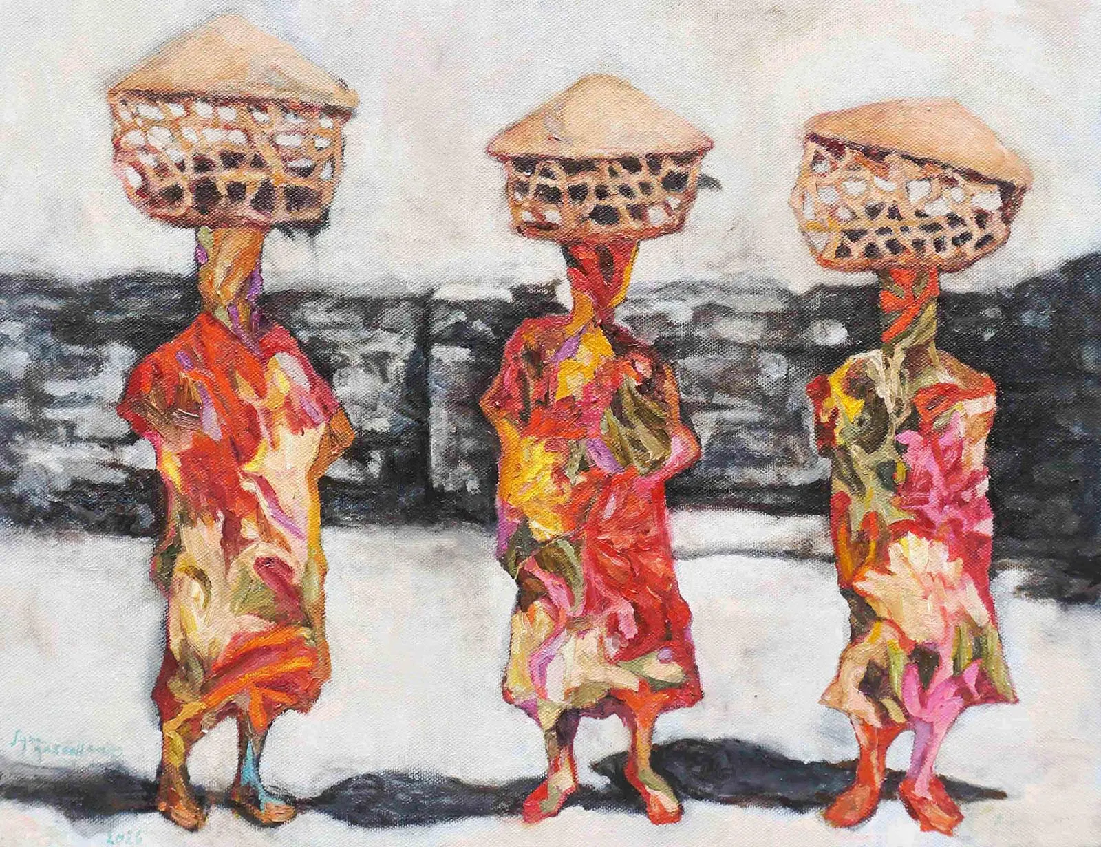 Three stylized figures in bright, patterned dresses wear large woven cone hats with lattice-like faces, standing in a snowy landscape.