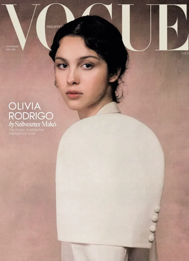 Vogue Philippines magazine cover featuring Olivia Rodrigo in a white suit against a pink backdrop