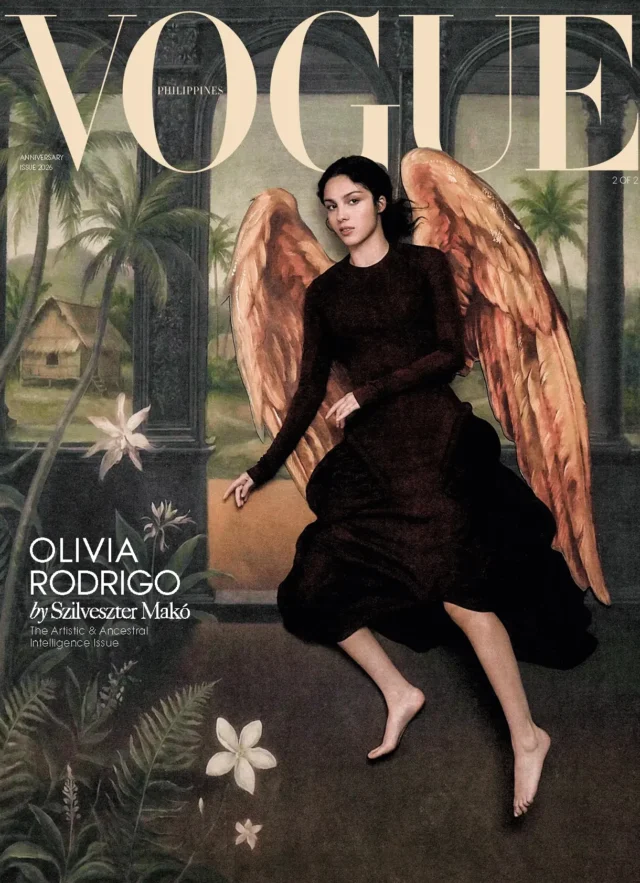Vogue Philippines cover featuring Olivia Rodrigo in a black dress with large golden wings in a tropical setting.