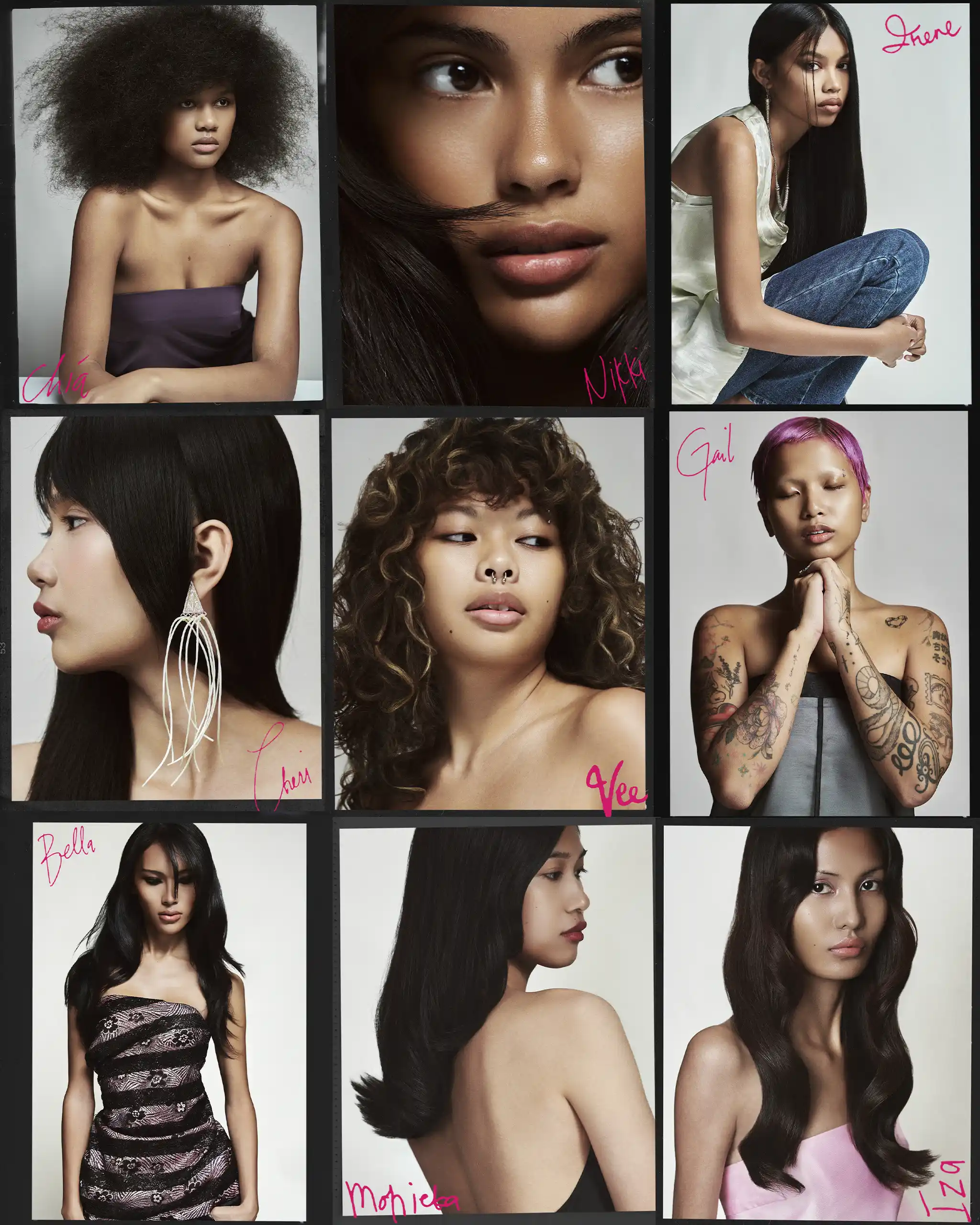 Collage of magazine-style fashion portraits: close-ups and full-body shots of diverse women with pink handwritten names on each image.