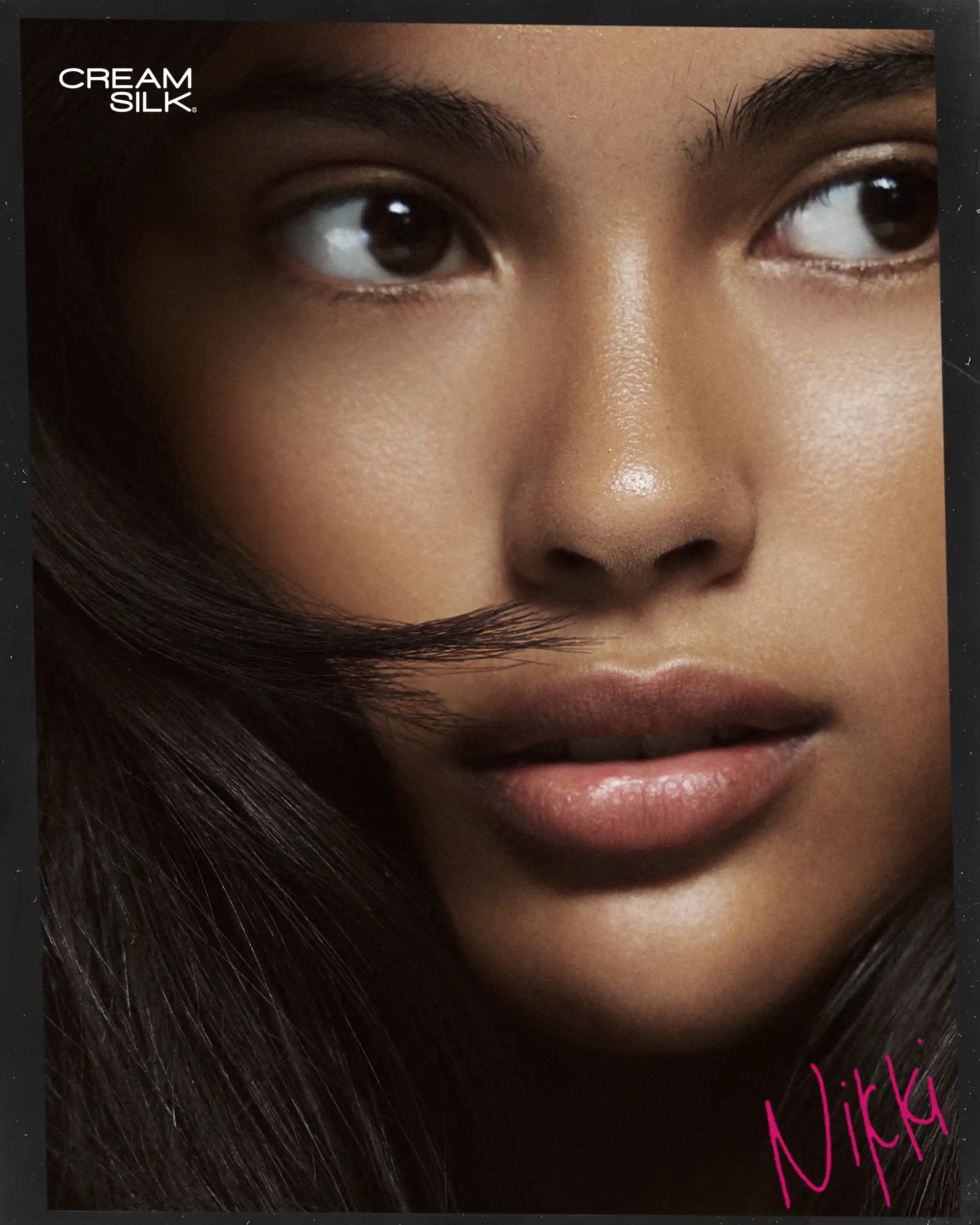 Close-up of a woman's face with smooth skin; Cream Silk logo in the top-left and a pink 'Nikki' signature in the bottom-right.