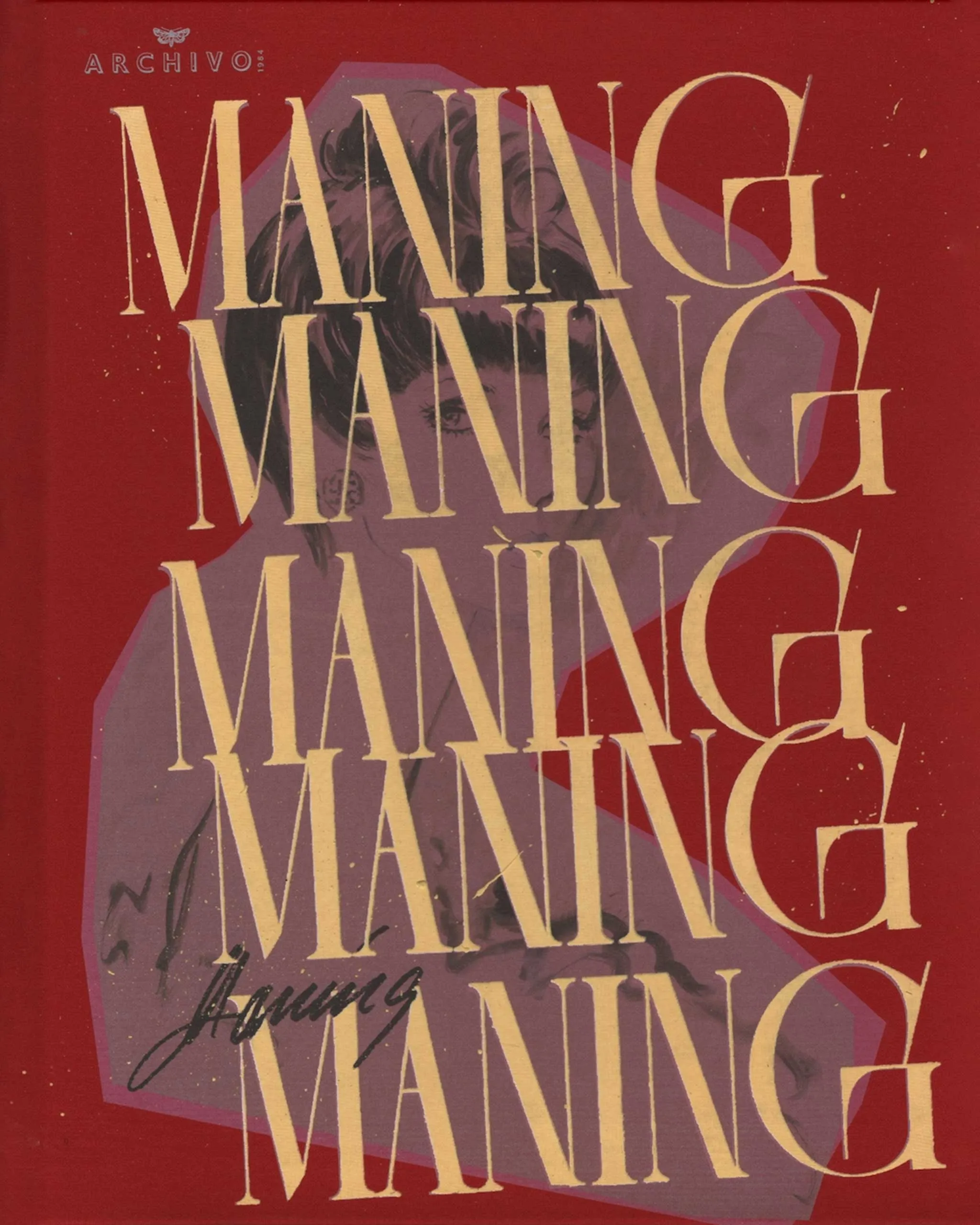 Book cover with oversized beige serif letters layered over a red background and a purple silhouette; small 'ARCHIVO' label in the top-left corner.