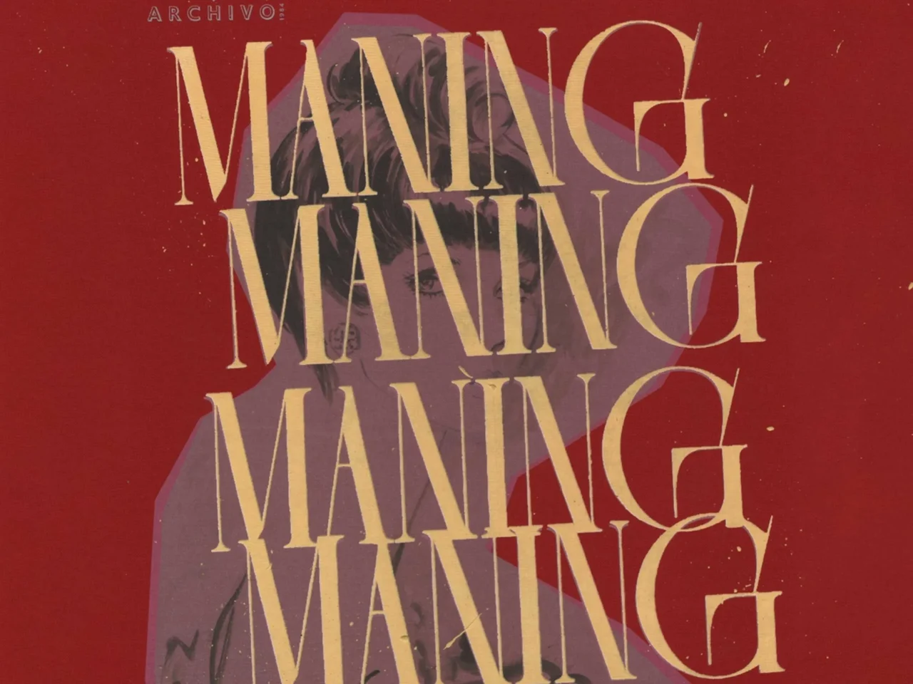 Close-up of a vintage red poster with large beige serif letters over a purple-toned portrait in the background, creating a bold layered design.