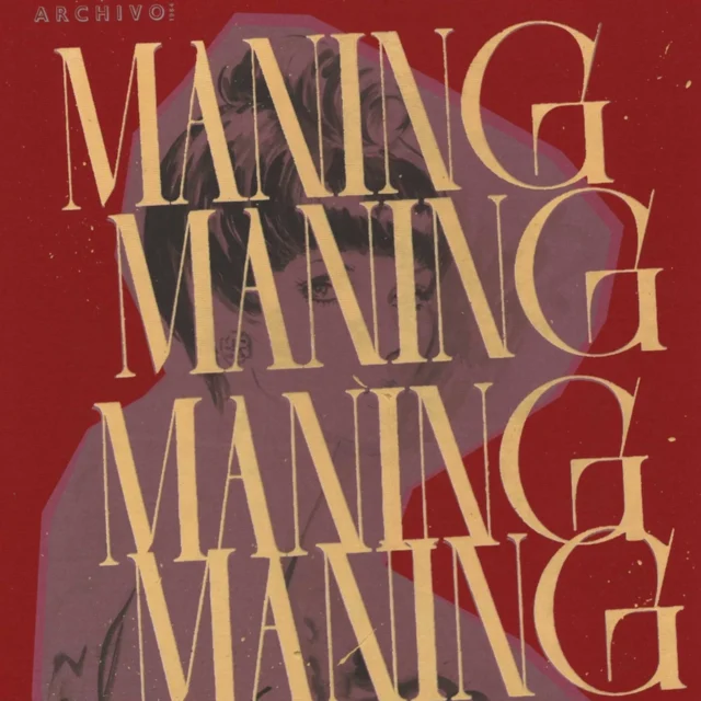 Close-up of a red book cover with large overlapping beige serif letters forming a vertical word, partially obscured by a purple abstract shape.