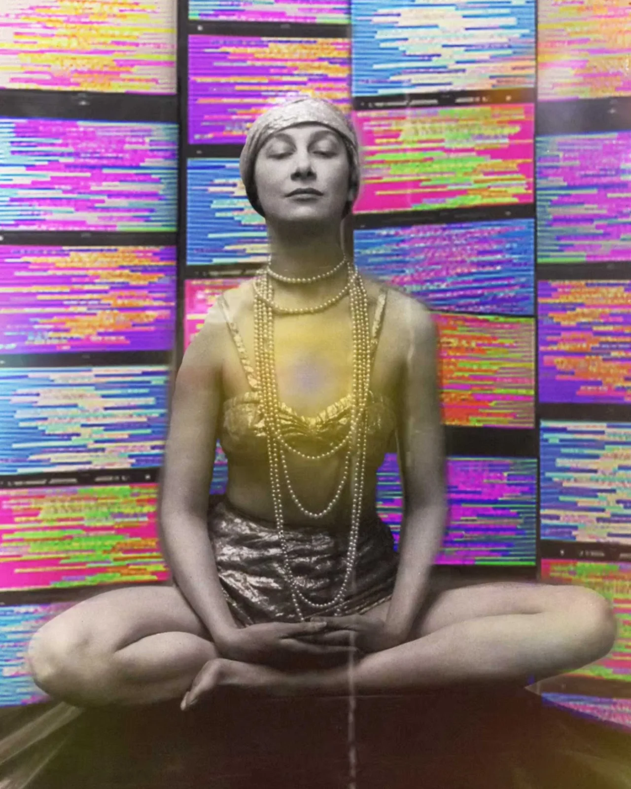 Portrait of a person with eyes closed, wearing a gold dress and layered pearls, standing against a wall of bright, neon-colored striped panels.