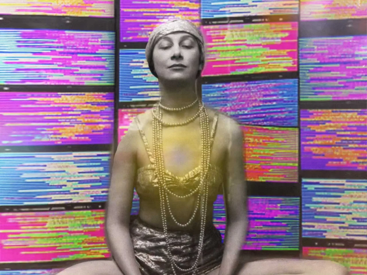 Portrait of a person with eyes closed, wearing a gold dress and layered pearls, standing against a wall of bright, neon-colored striped panels.