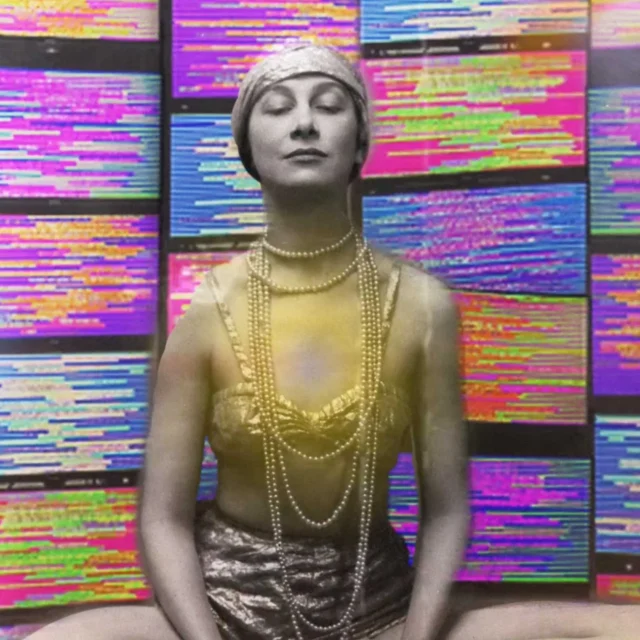 Vintage-styled statue of a seated woman wearing a head wrap and multiple pearl necklaces, with a bright colorful striped wall behind her.