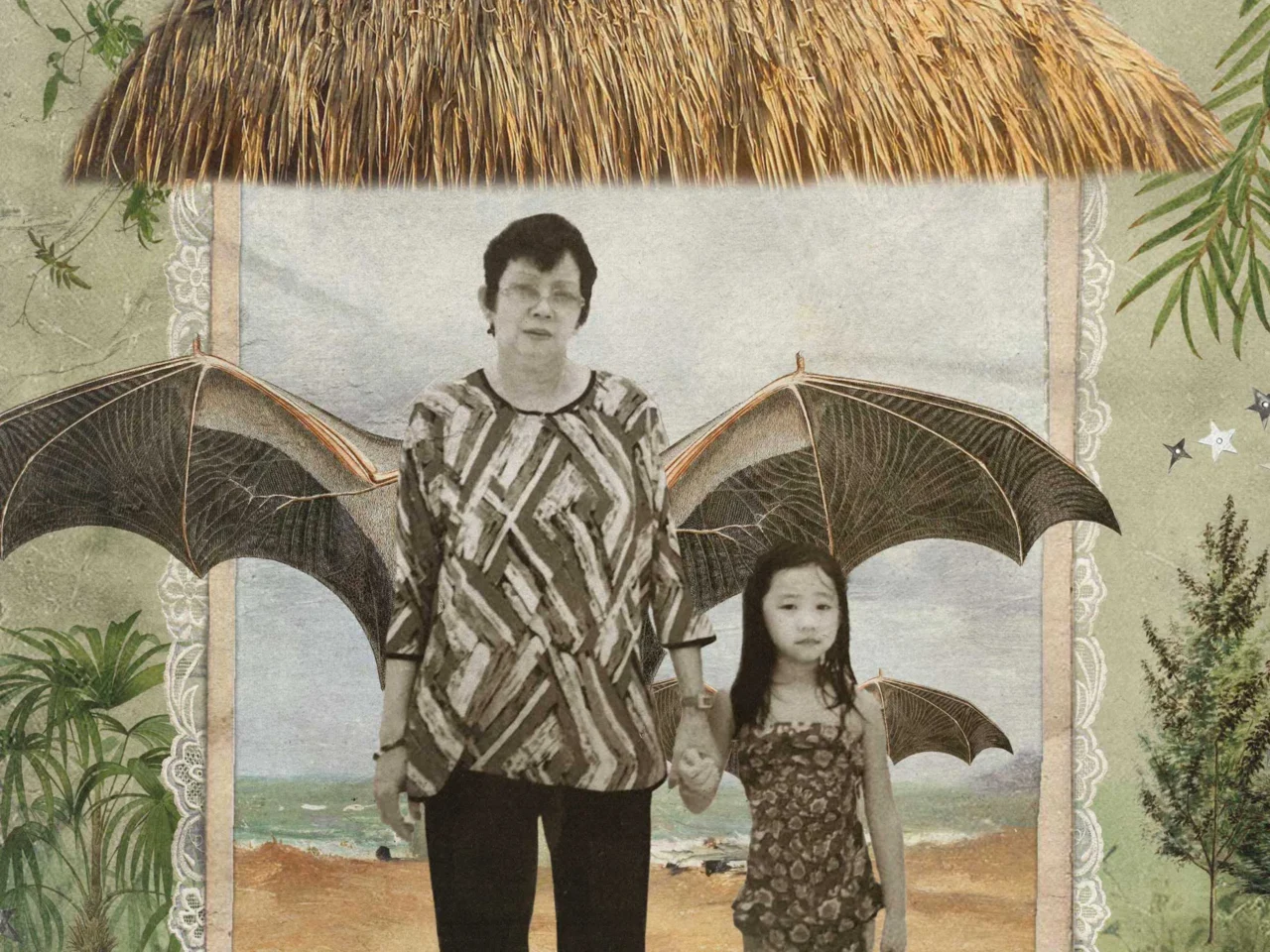 Vintage-style collage of a man and a girl standing on a beach, each with large bat-like wings attached to their backs, framed by decorative panels.