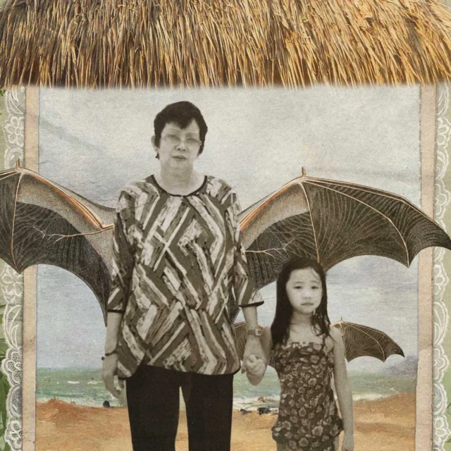 Man and girl on a beach, wearing oversized bat-like wings as part of a vintage collage.