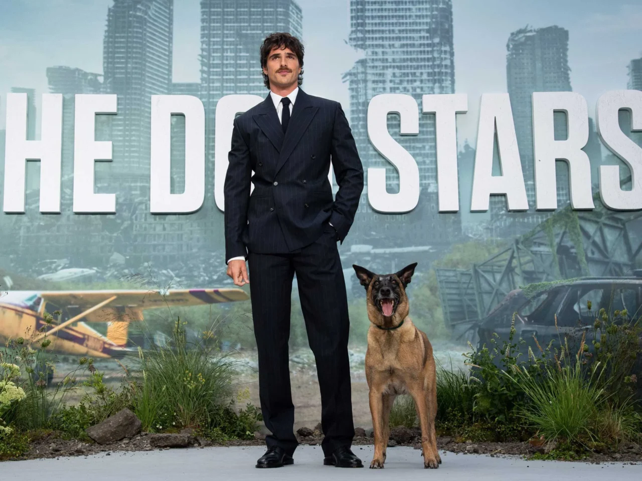 Man in a dark pinstripe suit poses with a Belgian Malinois in front of a large sign that reads 'The Doomsday' and a city backdrop.
