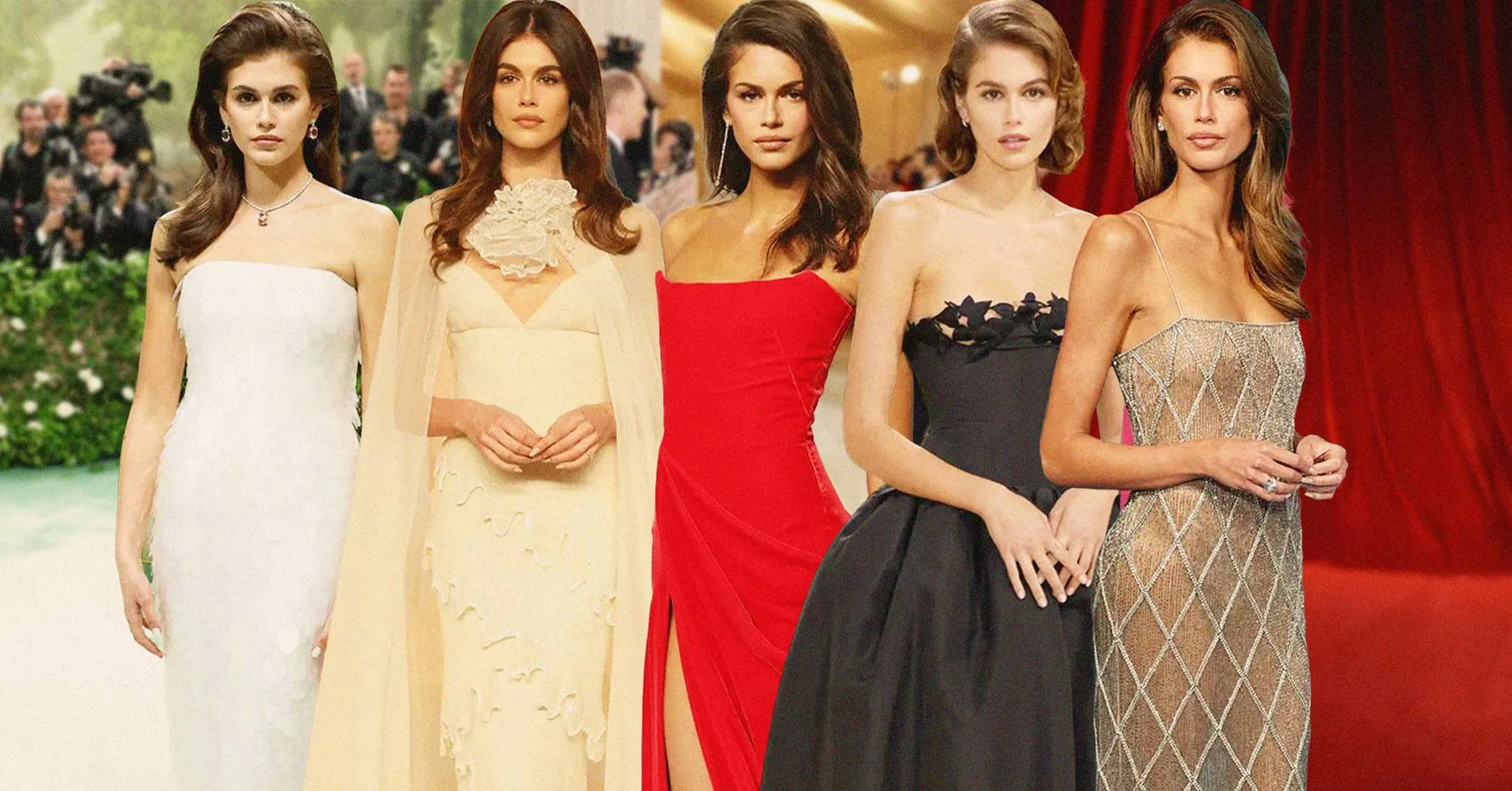 Five women in elegant evening gowns posing on a red carpet with paparazzi in the background.