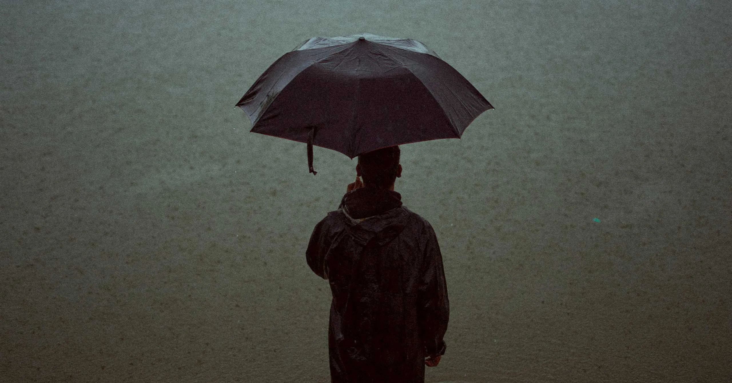 Person seen from behind holding a dark umbrella in rainy weather