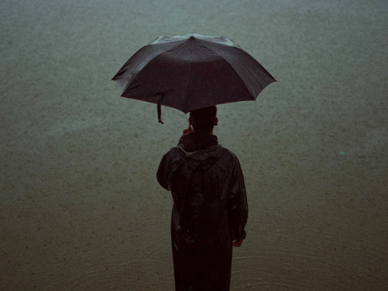 Person seen from behind holding a dark umbrella in rainy weather